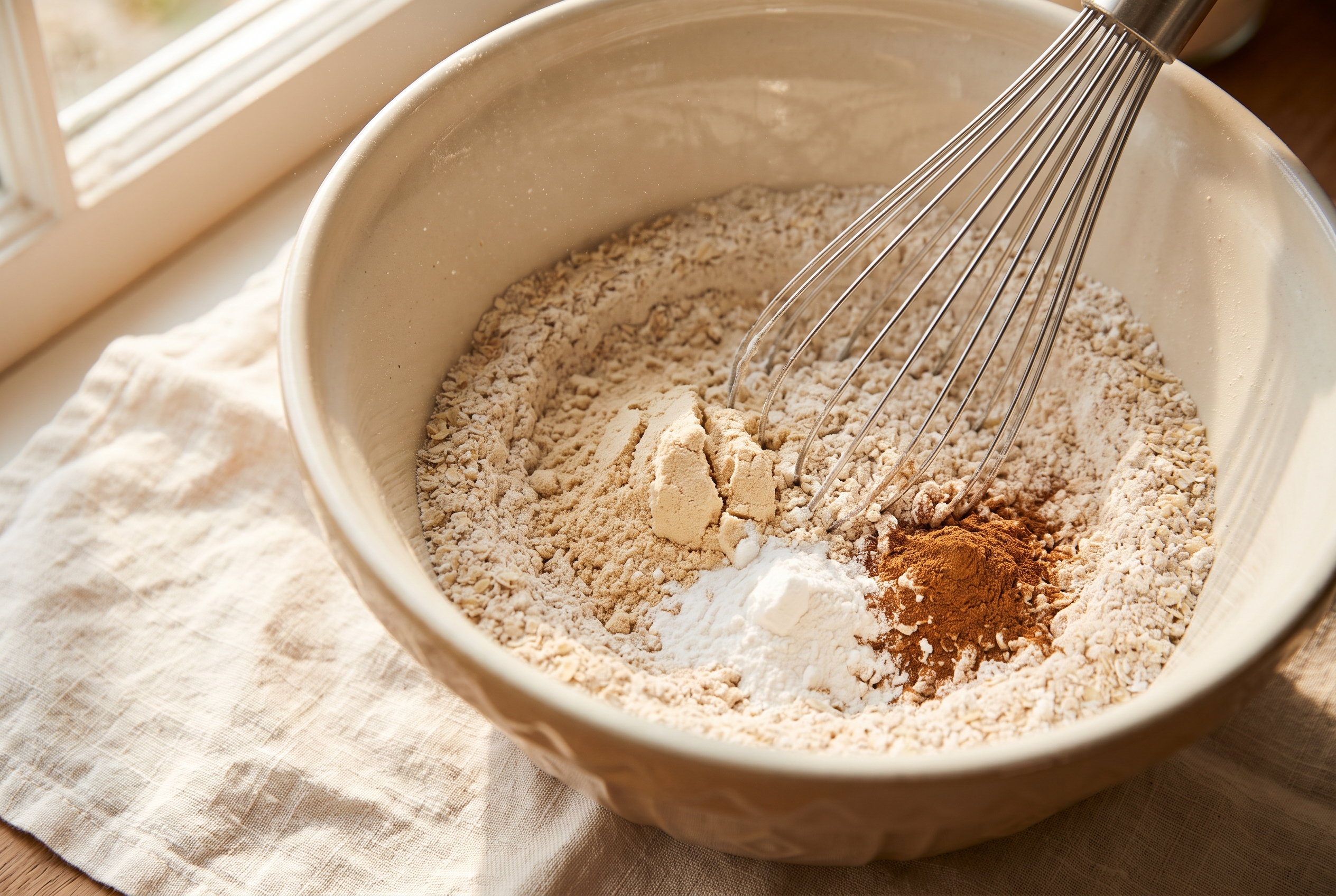 Oat flour, vanilla protein powder, baking powder and cinnamon being whisked together in a cream mixing bowl