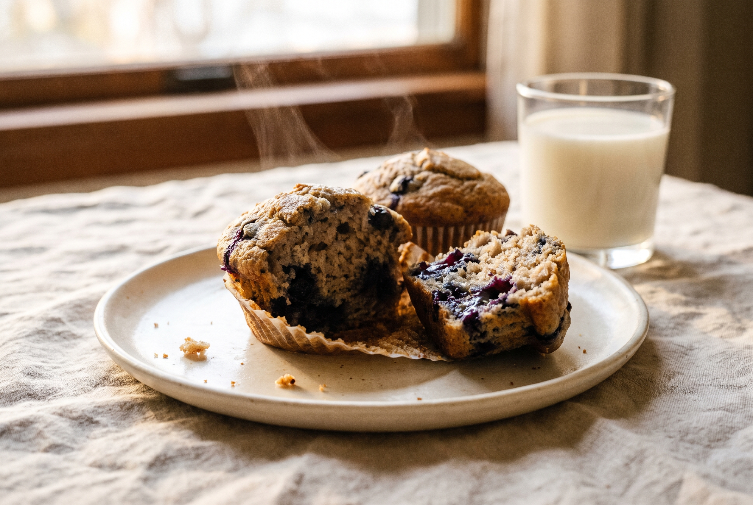 A blueberry protein muffin torn open showing a moist tender crumb and melting blueberries, with whole muffins and milk behind