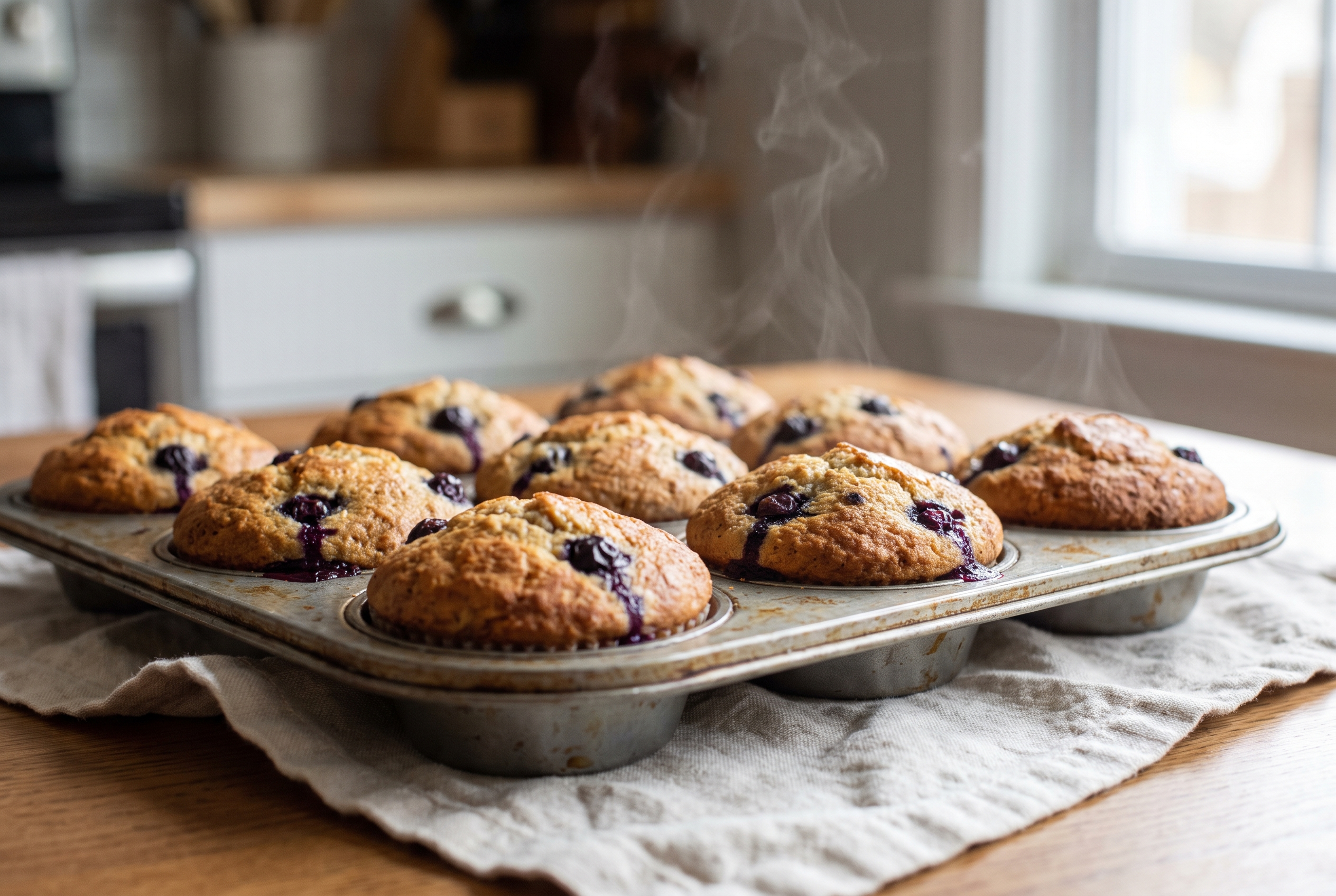 Freshly baked blueberry protein muffins in the muffin tin with golden domed tops and burst blueberries