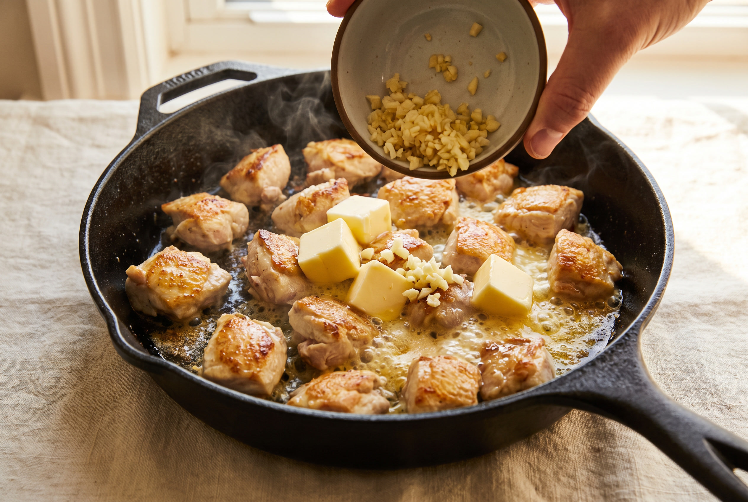 Cubes of butter and a pile of minced garlic melting into a skillet of browned chicken bites