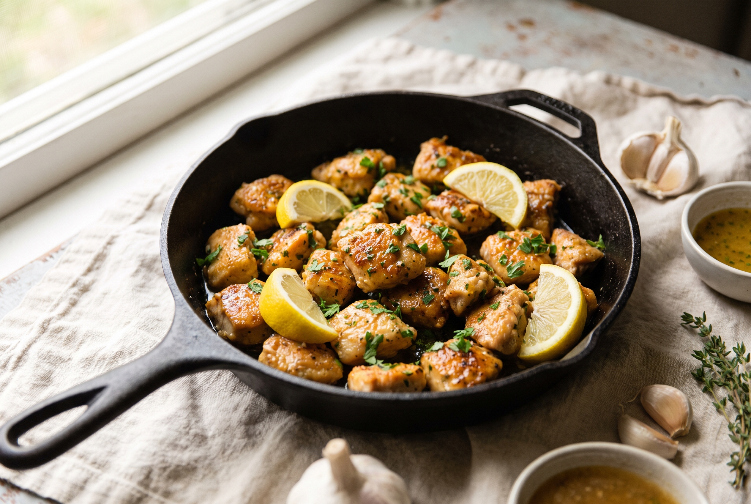 Garlic butter chicken bites in a cast iron skillet, golden-seared chicken cubes glossy with garlic butter sauce, scattered with chopped parsley and lemon wedges