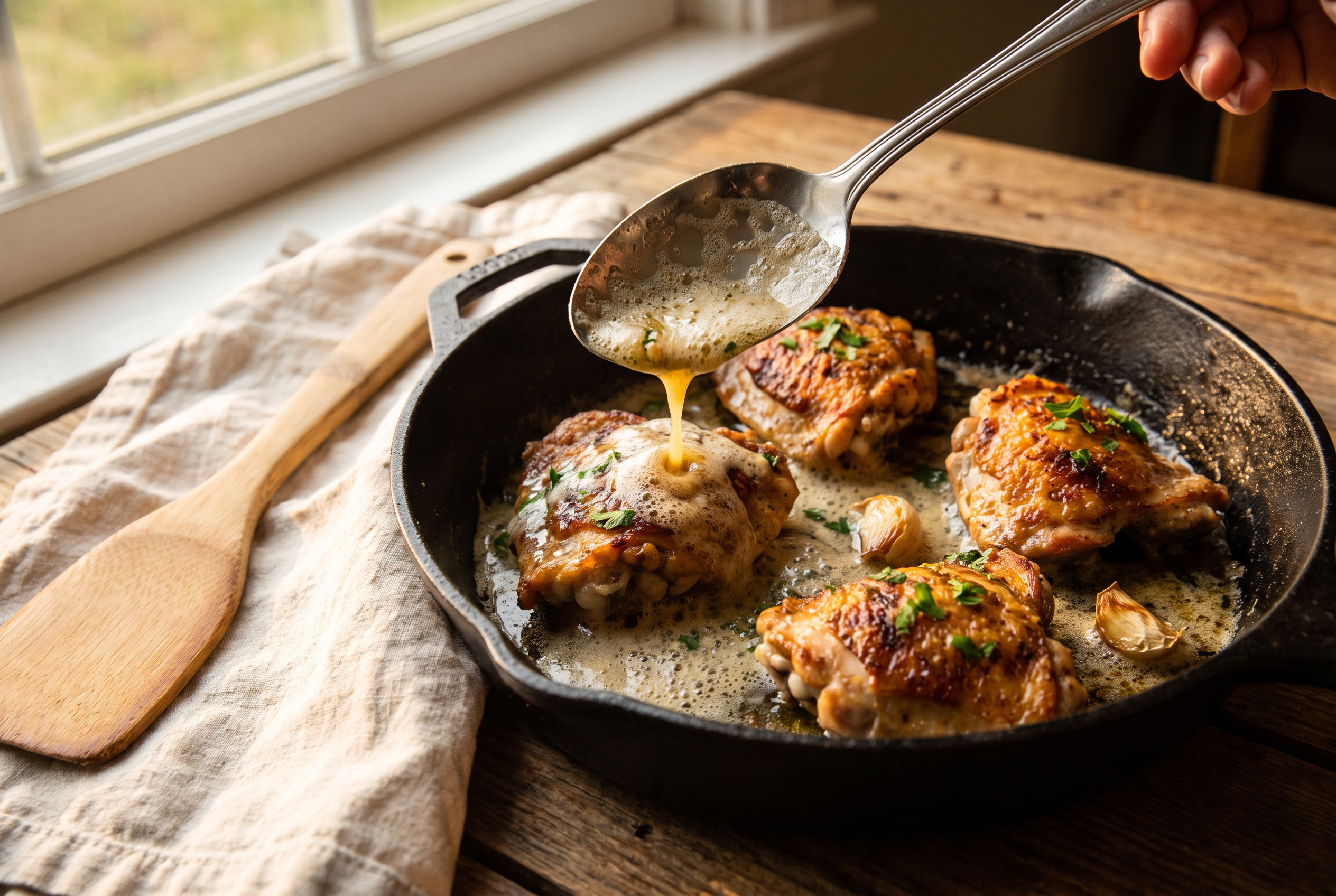 Golden chicken bites being tossed and spooned with foaming garlic butter pan sauce in a cast iron skillet