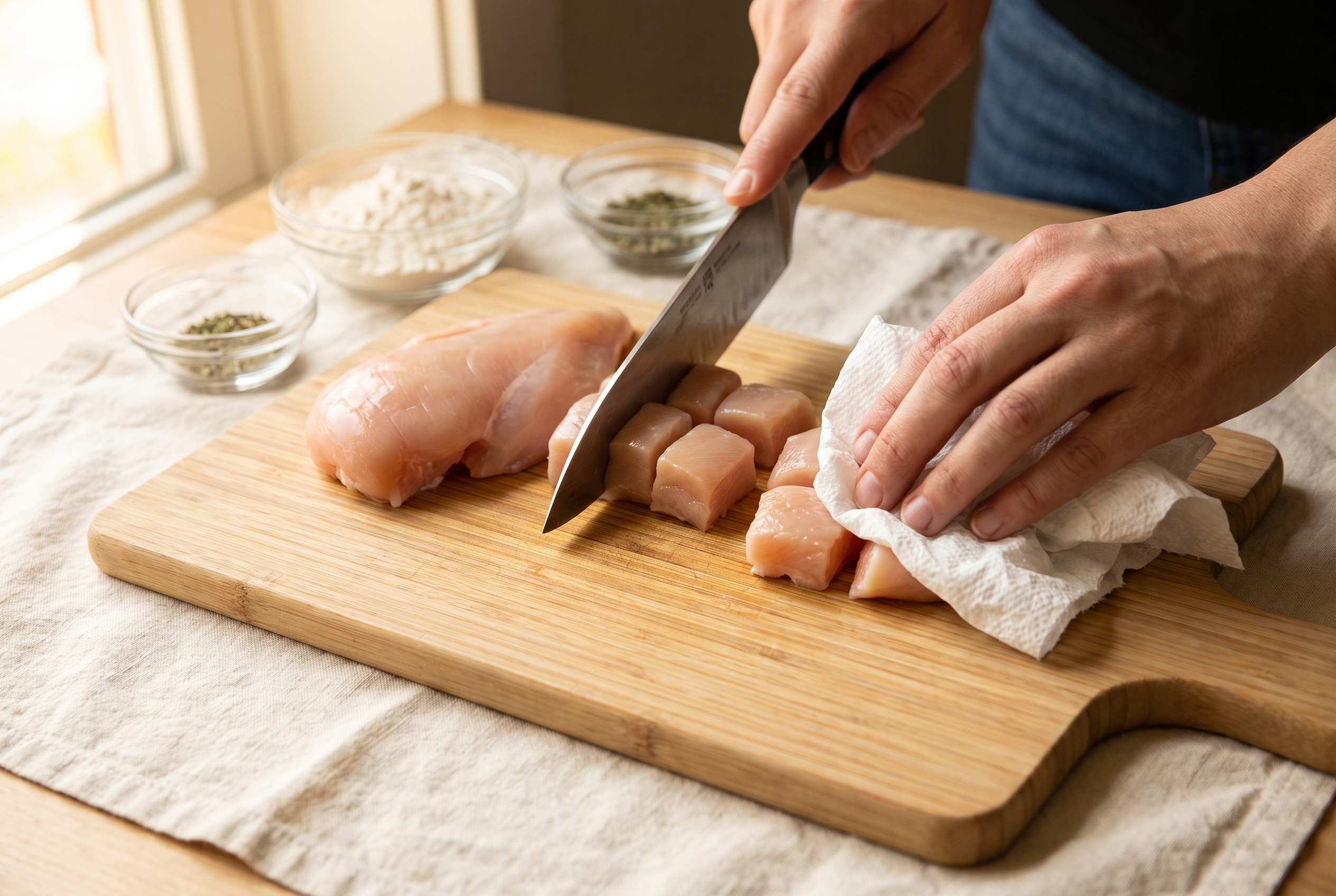 Raw chicken breast being cut into even one-inch cubes on a wooden board and patted dry for garlic butter chicken bites