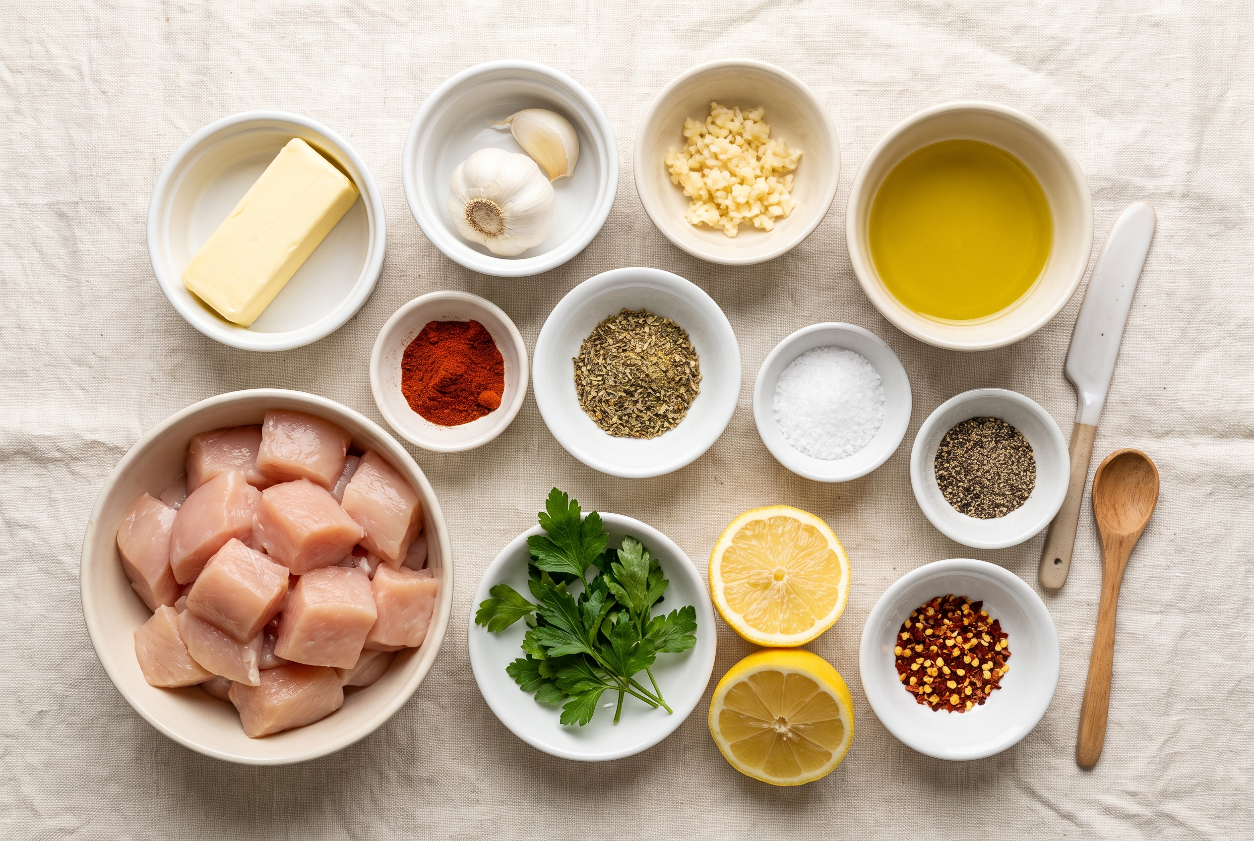Ingredients for garlic butter chicken bites in small bowls: cubed chicken breast, butter, minced garlic, olive oil, smoked paprika, Italian seasoning, salt, pepper, fresh parsley, lemon and red pepper flakes