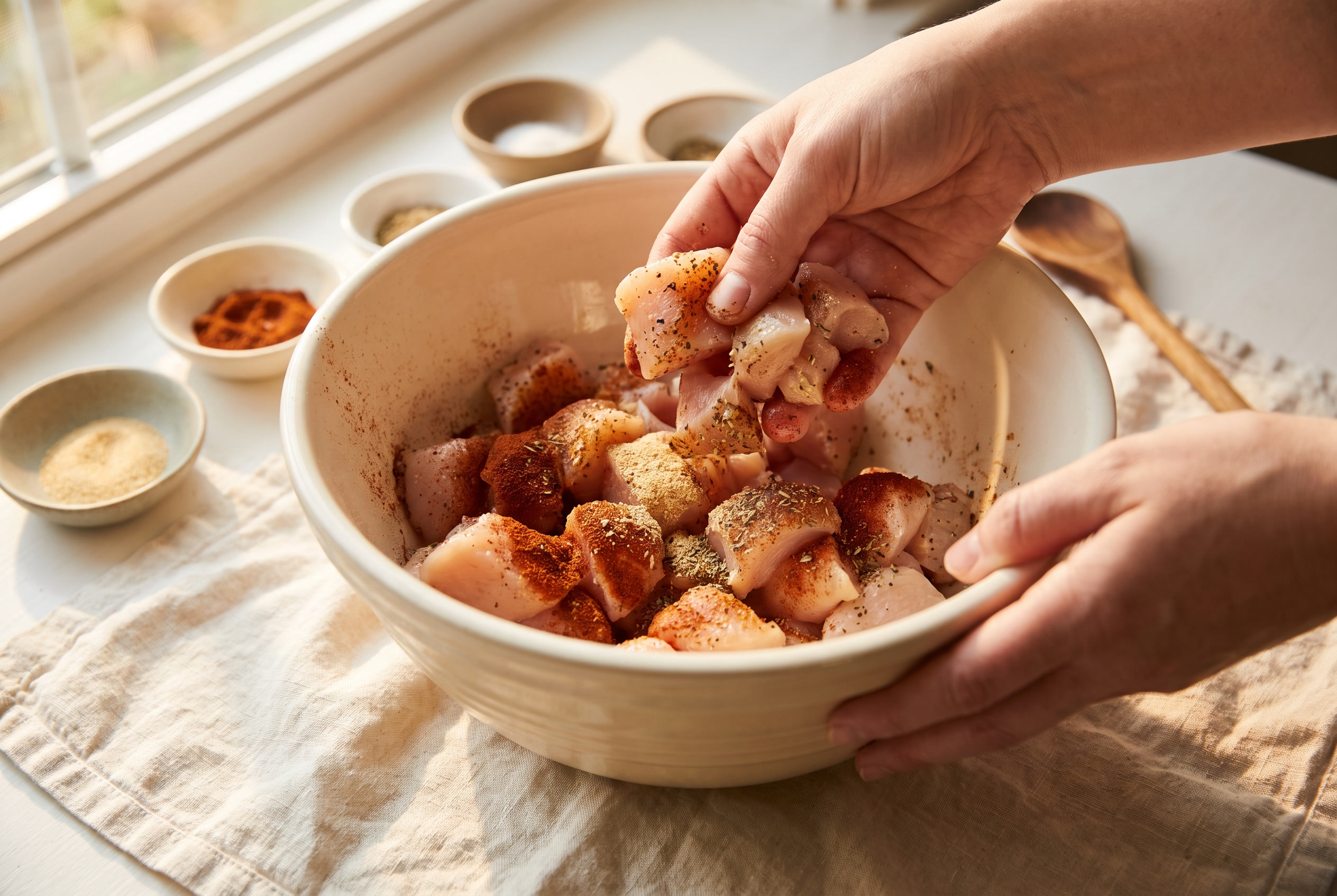 Cubed chicken being tossed with smoked paprika, garlic powder and Italian seasoning in a cream mixing bowl