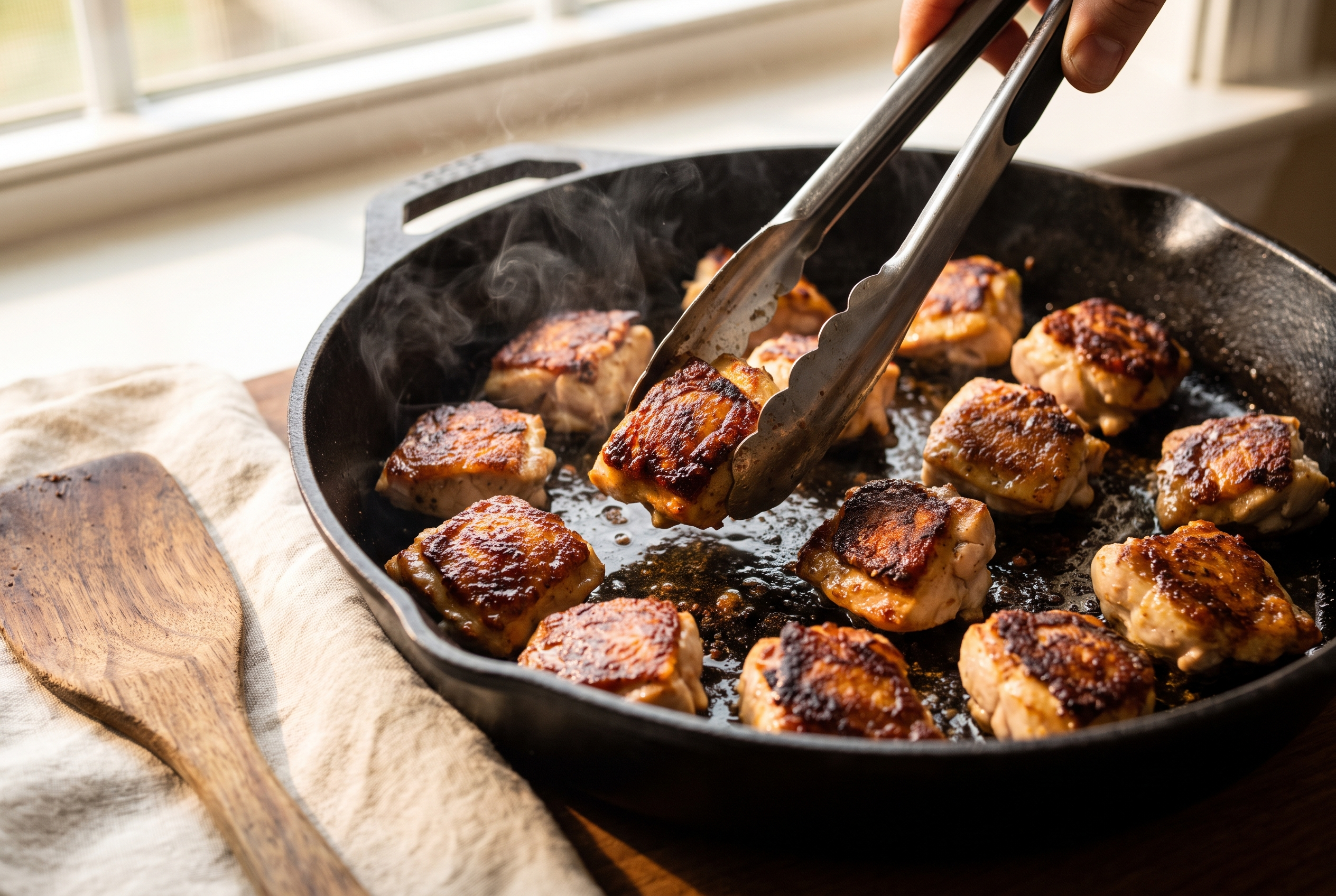 Golden browned garlic butter chicken bites being flipped with tongs in a cast iron skillet showing a deep caramelized crust