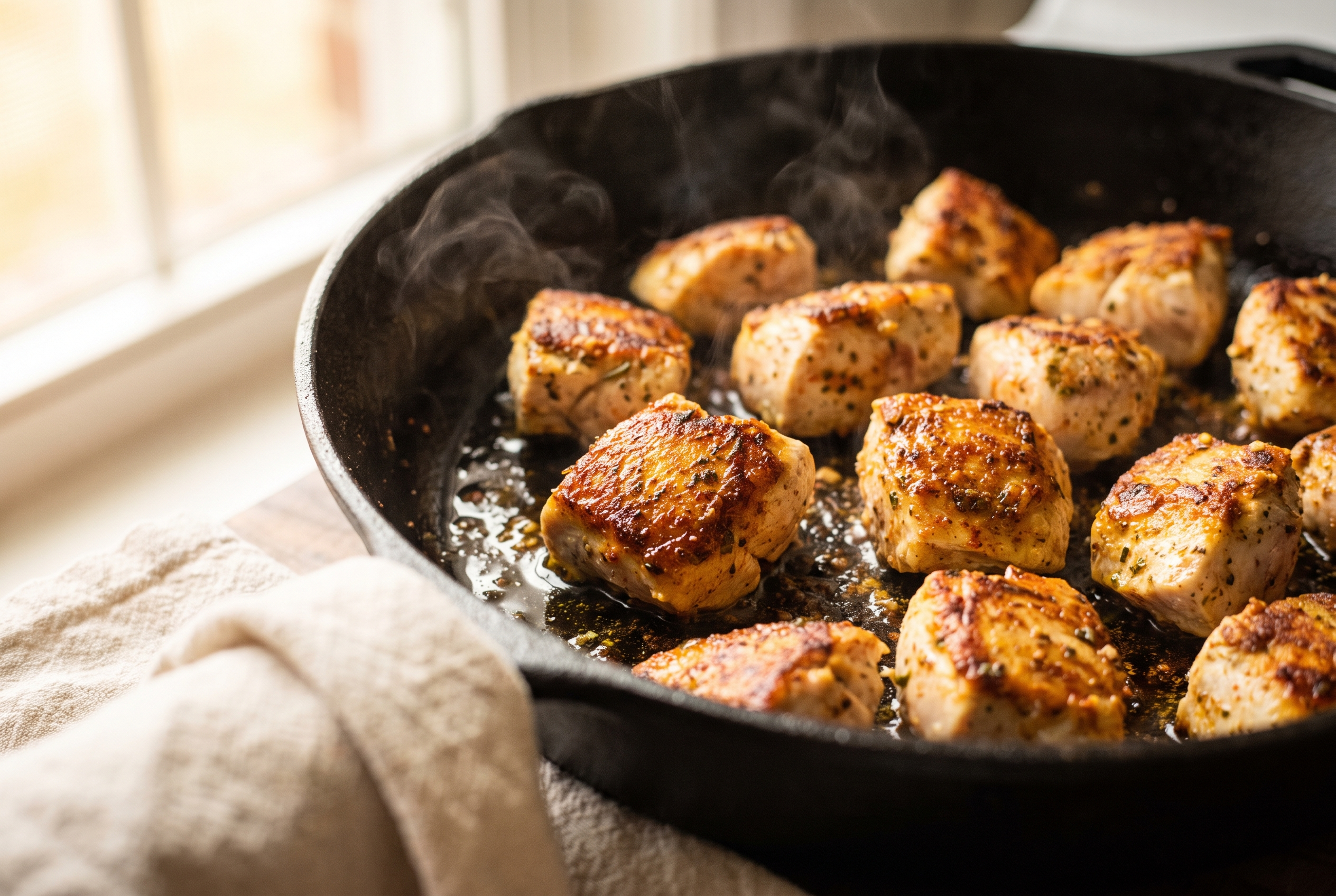 Seasoned chicken cubes searing undisturbed in a single layer in a hot cast iron skillet with a golden crust forming