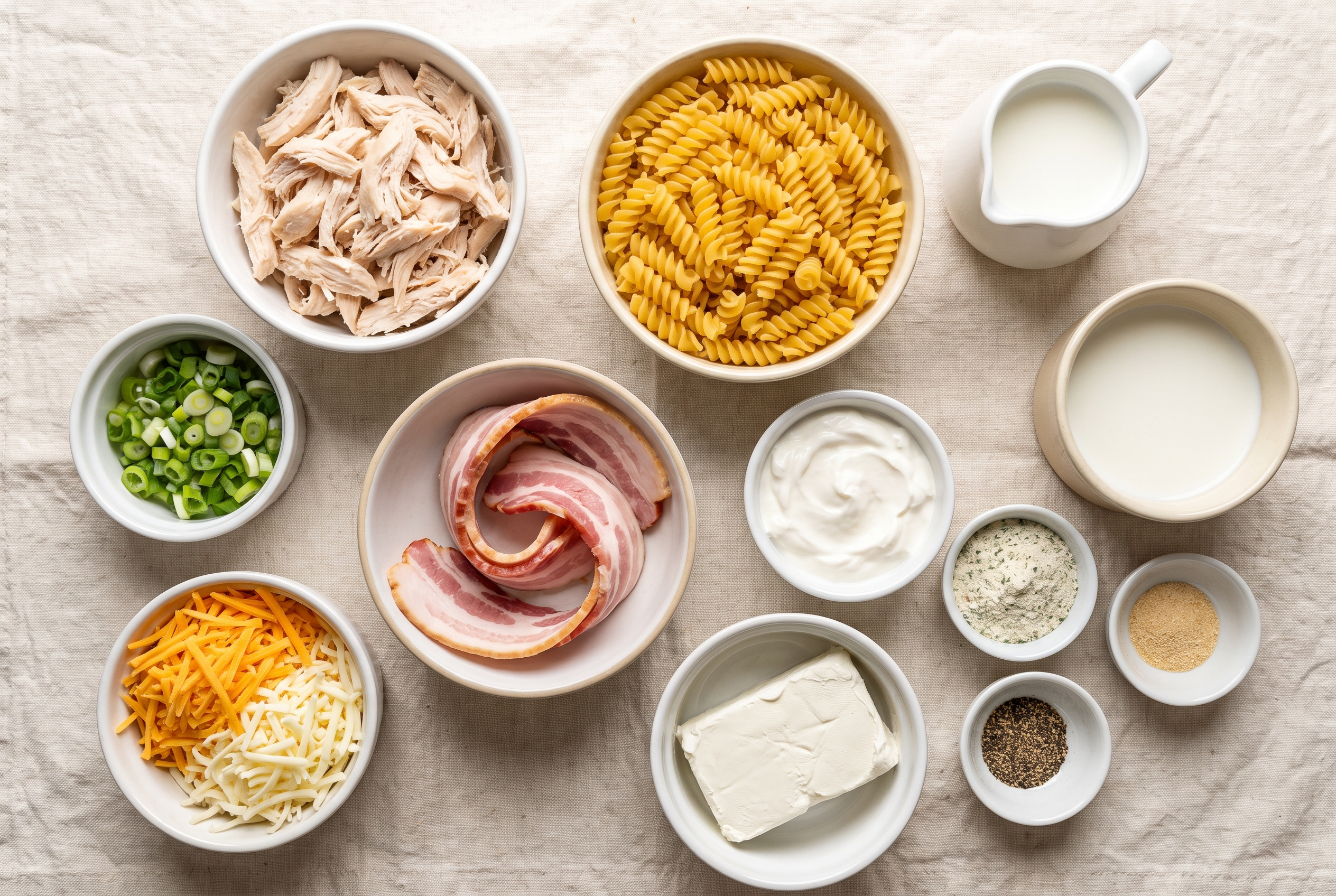 Ingredients for chicken bacon ranch casserole in small bowls: shredded chicken, dry rotini, raw bacon, shredded cheddar and mozzarella, sour cream, cream cheese, milk, ranch seasoning, garlic powder and sliced green onions