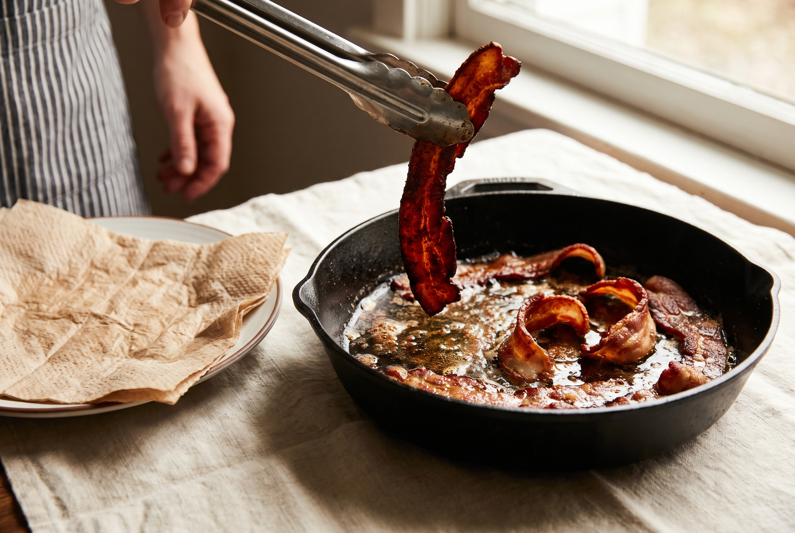 Bacon strips frying to deep crisp in a skillet with tongs lifting one onto a paper-towel-lined plate for chicken bacon ranch casserole