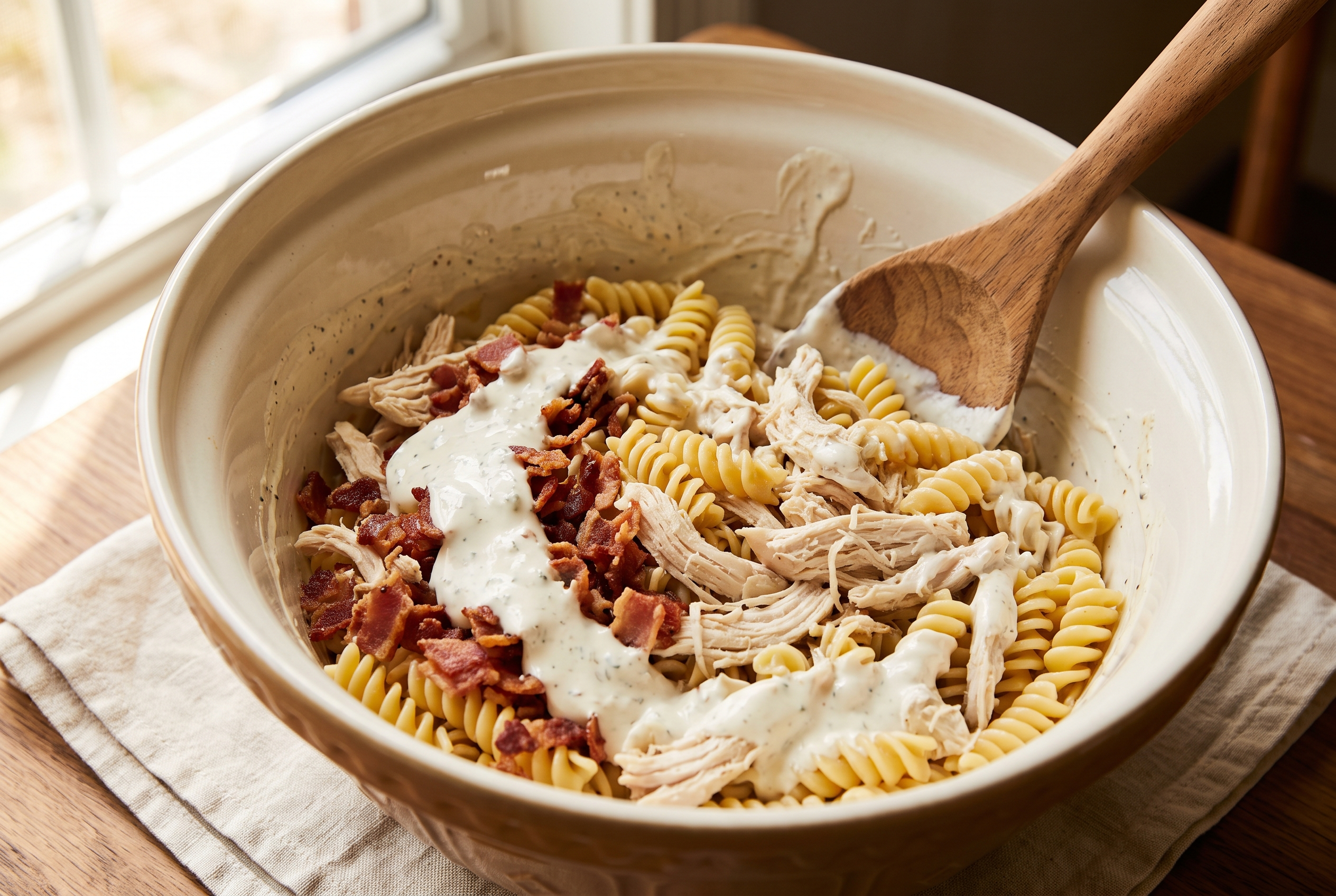 Shredded chicken, rotini, crumbled bacon and creamy ranch sauce being folded together with a spatula in a large mixing bowl