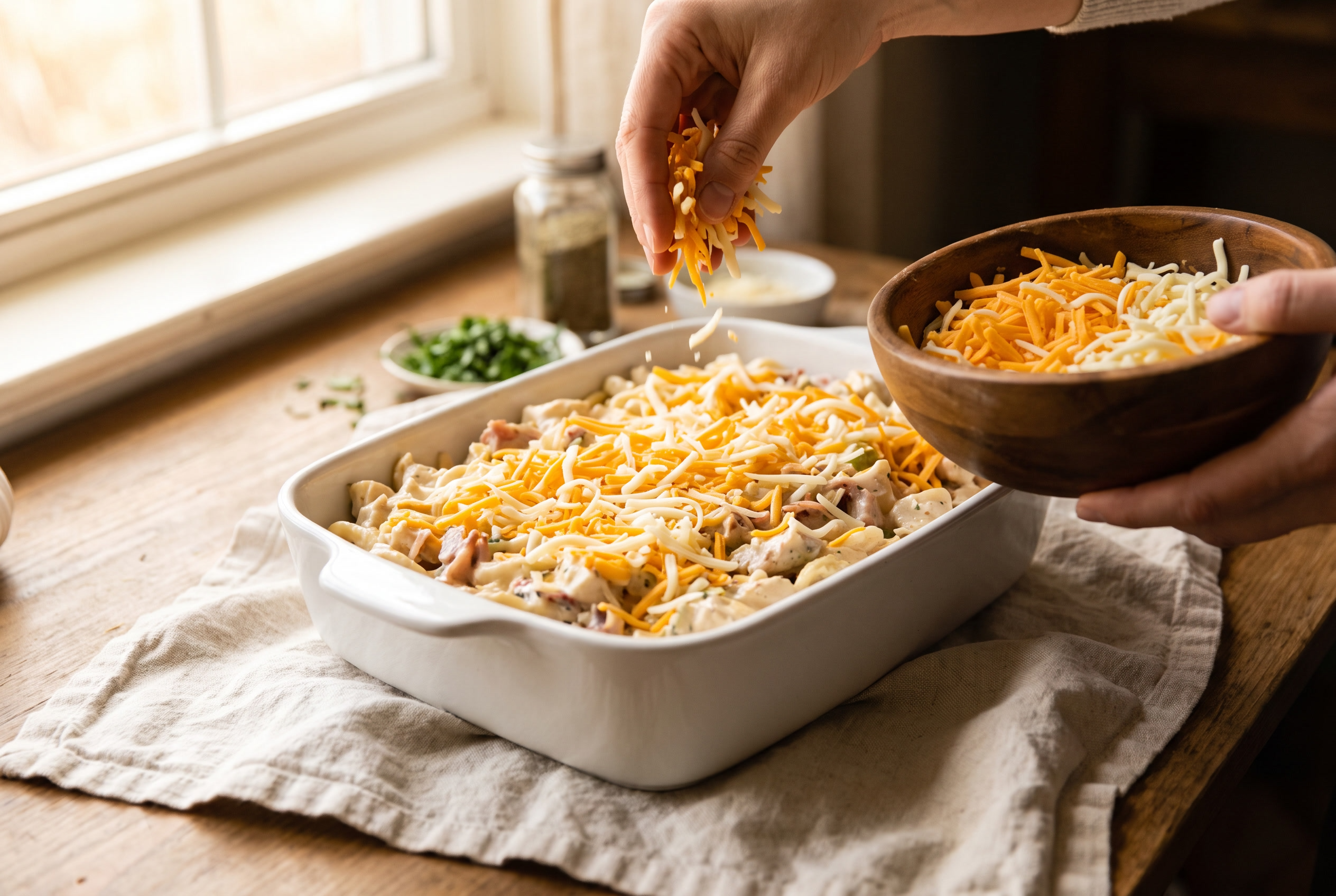 Chicken bacon ranch pasta mixture spread in a white baking dish and covered with handfuls of shredded cheddar and mozzarella before baking