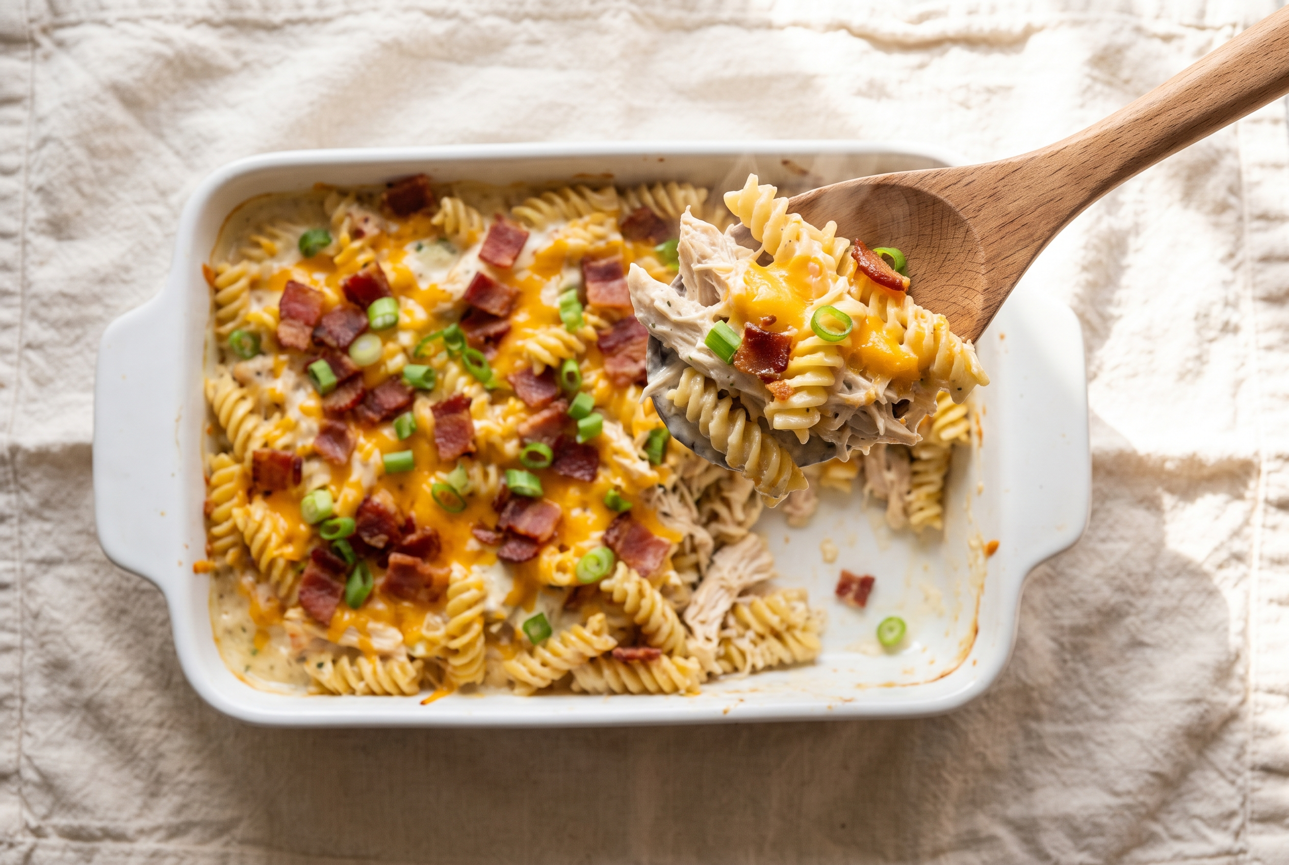 Chicken bacon ranch casserole in a white baking dish with bubbling creamy ranch sauce, rotini pasta, melted golden cheddar, crumbled bacon and sliced green onion