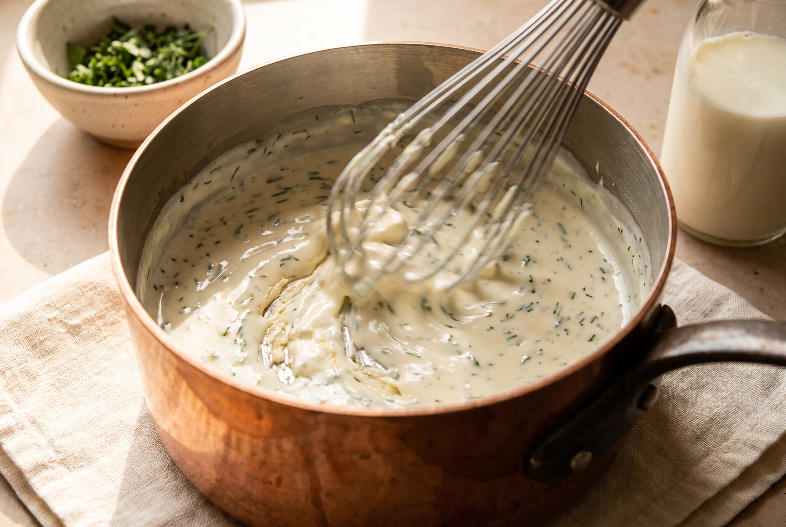 Creamy homemade ranch sauce being whisked smooth in a saucepan with flecks of herbs for chicken bacon ranch casserole