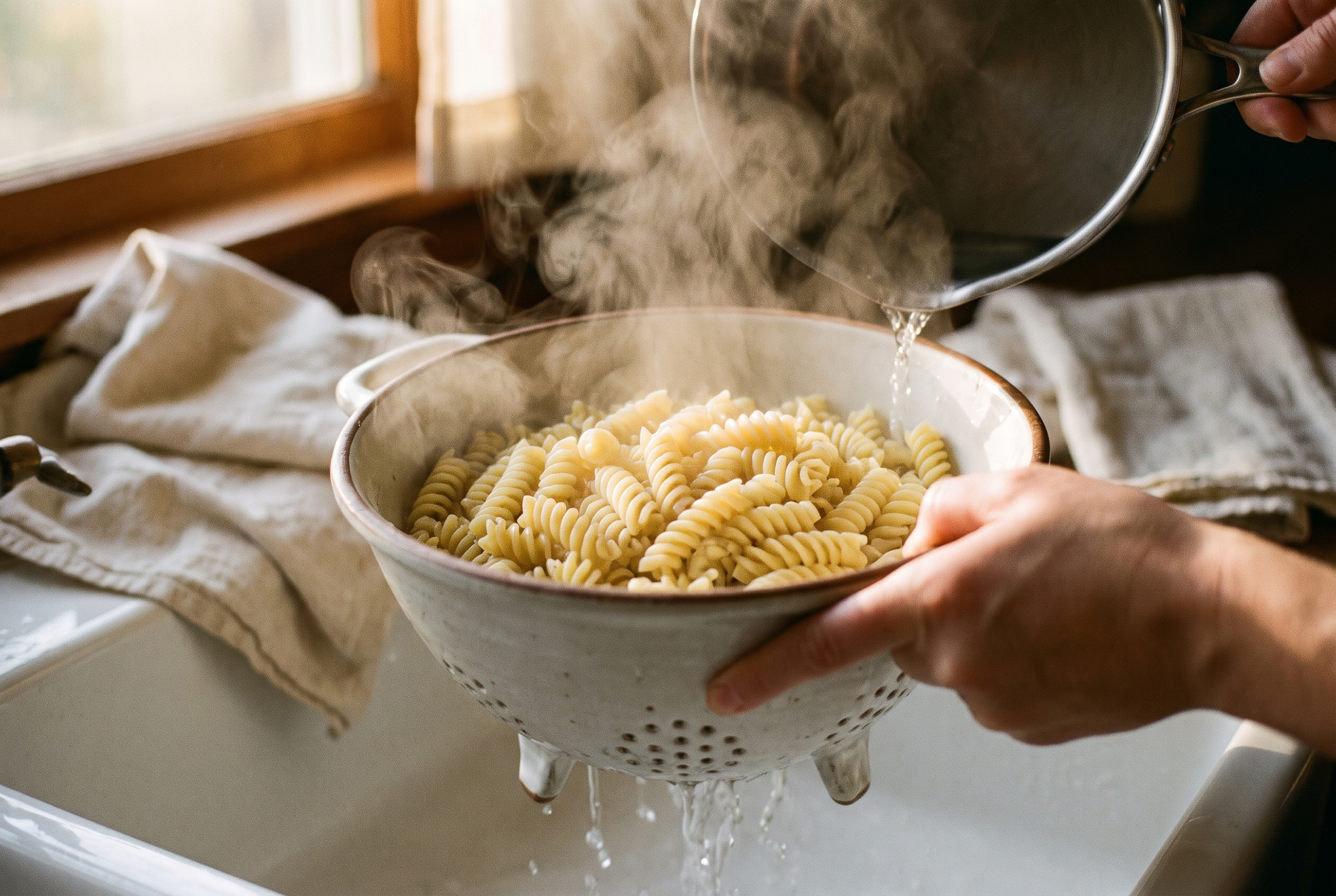 Rotini pasta being drained in a colander, steam rising, cooked just under al dente for a chicken bacon ranch casserole