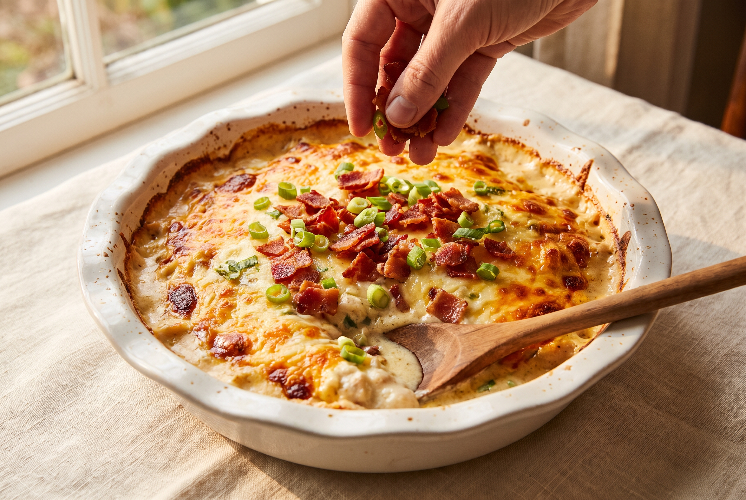 Chicken bacon ranch casserole fresh from the oven with golden blistered cheese, bubbling sauce and crumbled bacon and green onion scattered on top