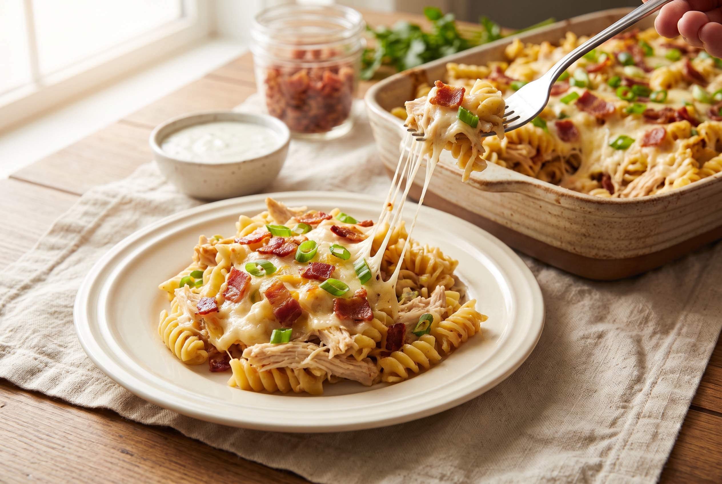 A served portion of chicken bacon ranch casserole on a cream plate with a cheese pull stretching back to the baking dish, crisp bacon and green onion on top