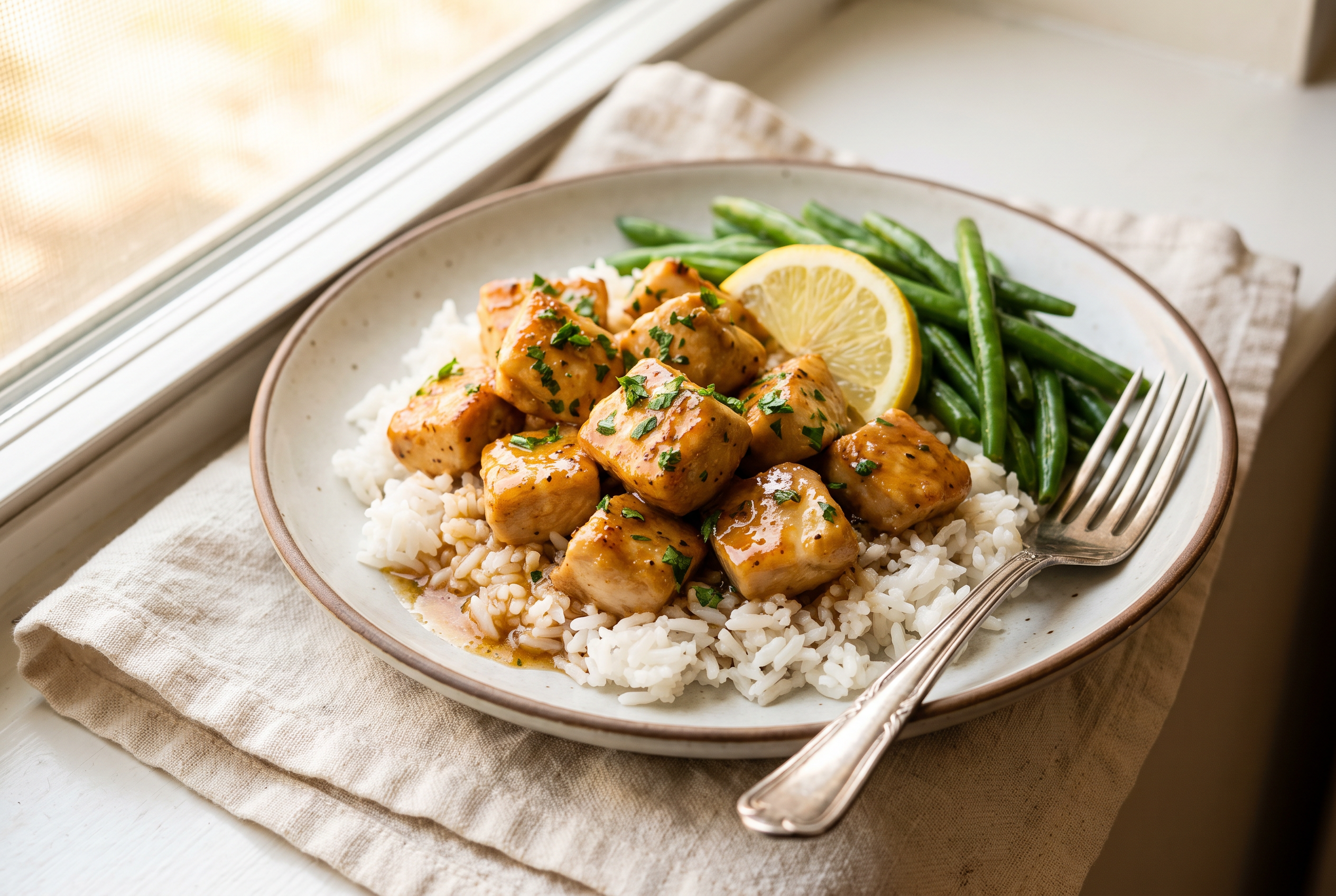 Garlic butter chicken bites served over fluffy white rice on a cream plate with sauce pooling into the rice, parsley, a lemon wedge and green beans alongside
