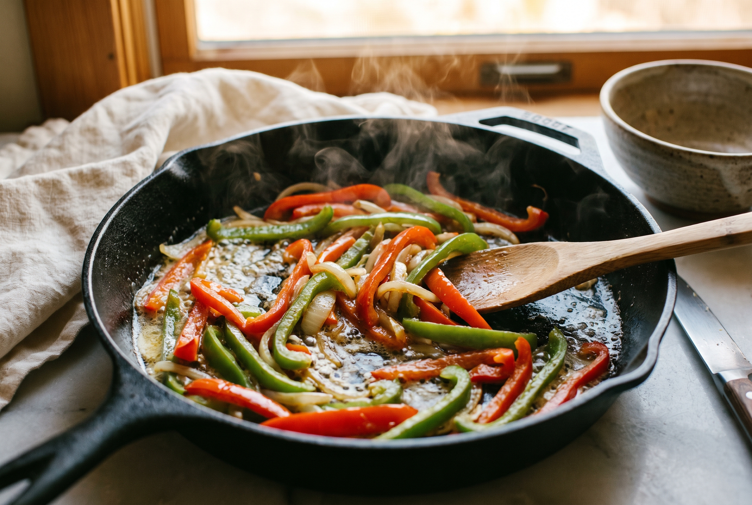 Sliced red and green bell peppers and onion softening in a buttery skillet