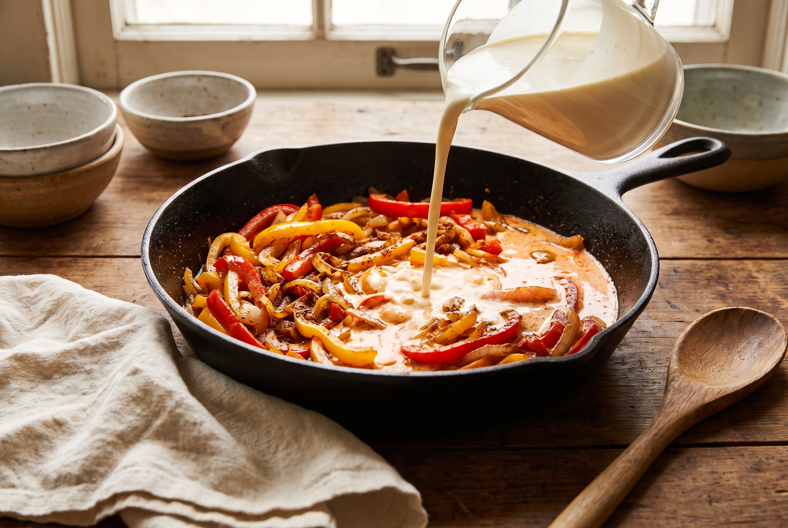 Heavy cream being poured into a skillet of Cajun spiced peppers, turning the sauce blush orange