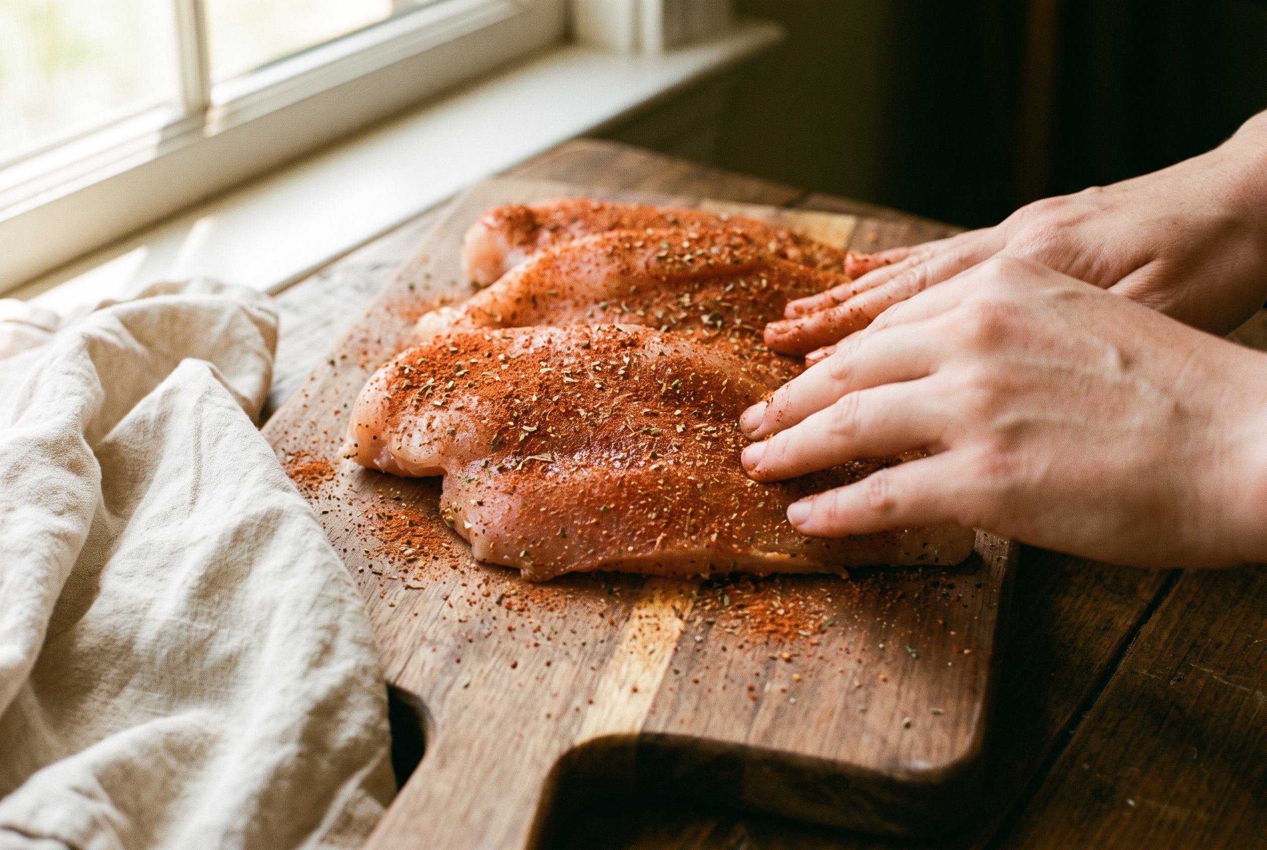 Chicken cutlets being rubbed with rust-red Cajun seasoning on a wooden board