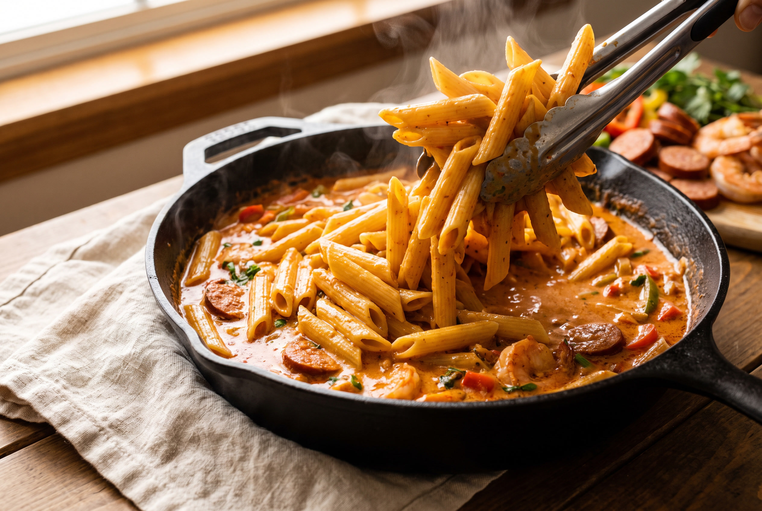 Cooked penne being tossed with tongs into creamy Cajun sauce until glossy and coated