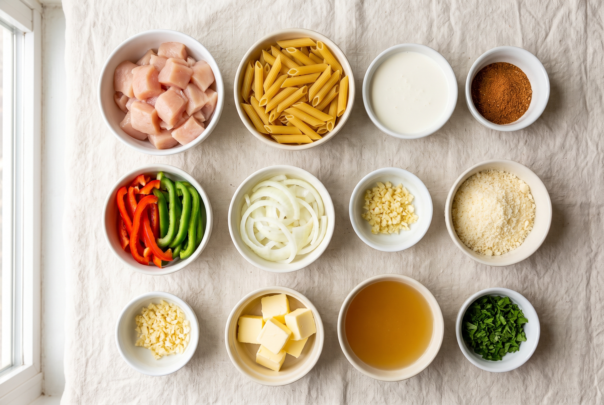 Ingredients for creamy Cajun chicken pasta in small bowls — chicken breasts, penne, heavy cream, Cajun seasoning, bell peppers, onion, garlic, parmesan and broth