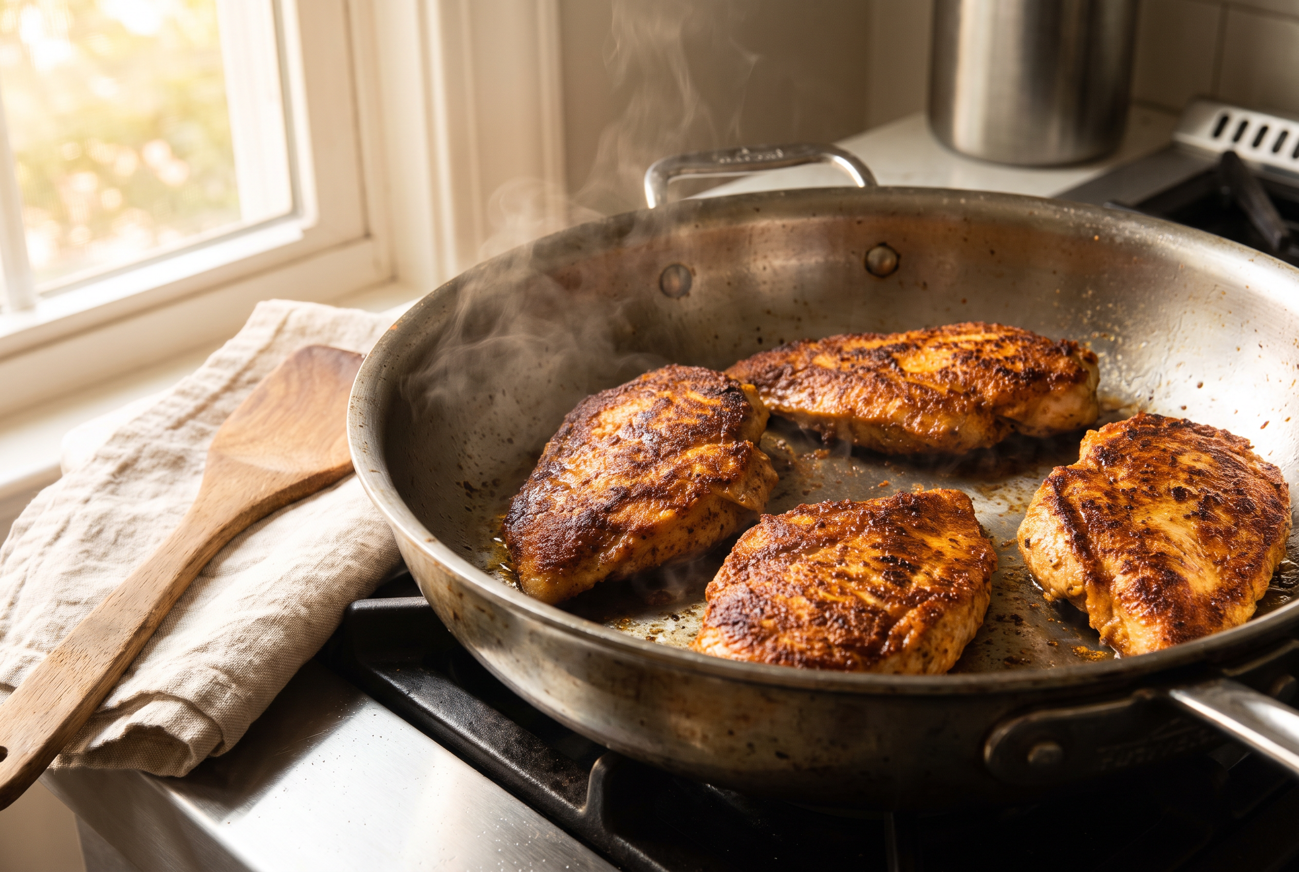 Cajun seasoned chicken cutlets searing to a deep golden crust in a stainless skillet