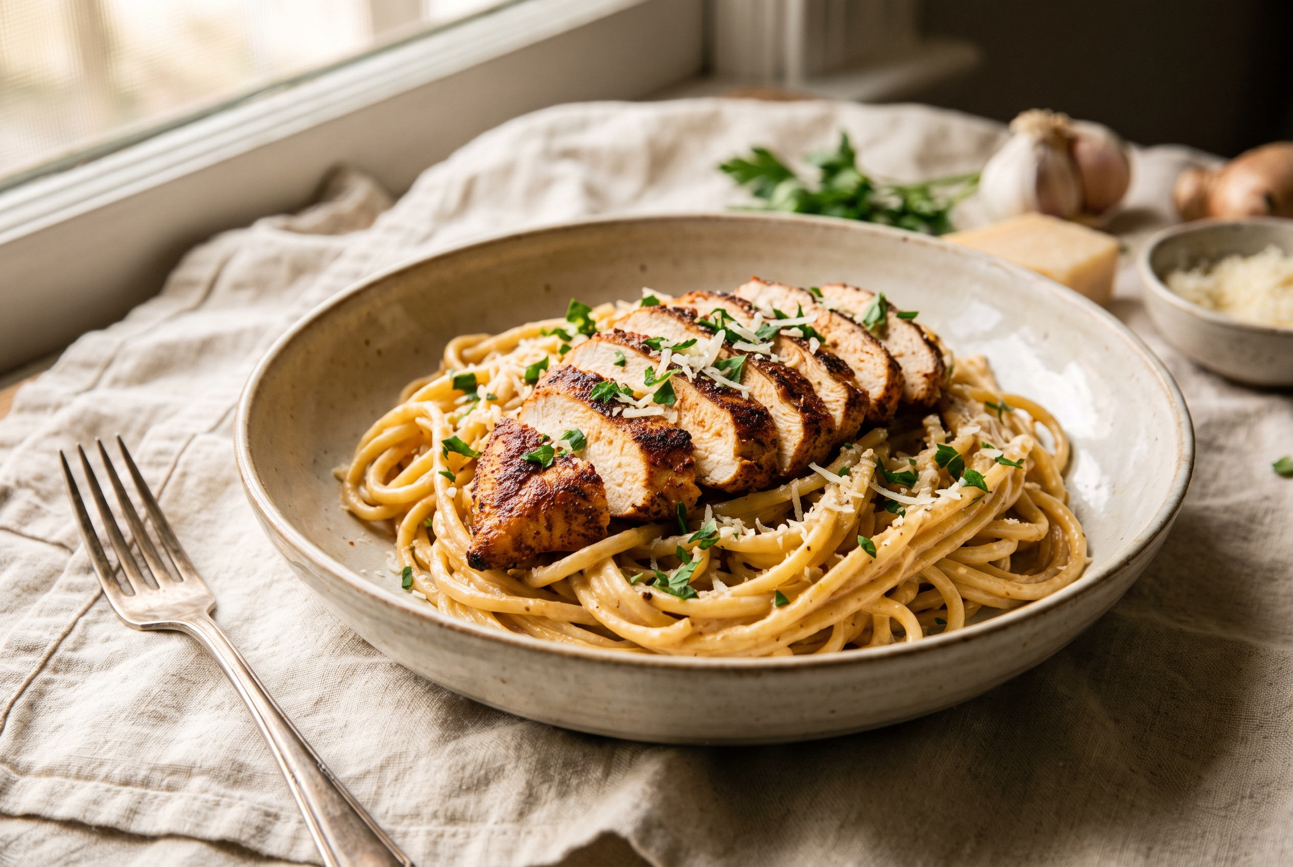 Plated creamy Cajun chicken pasta with fanned slices of seared chicken, parsley and parmesan