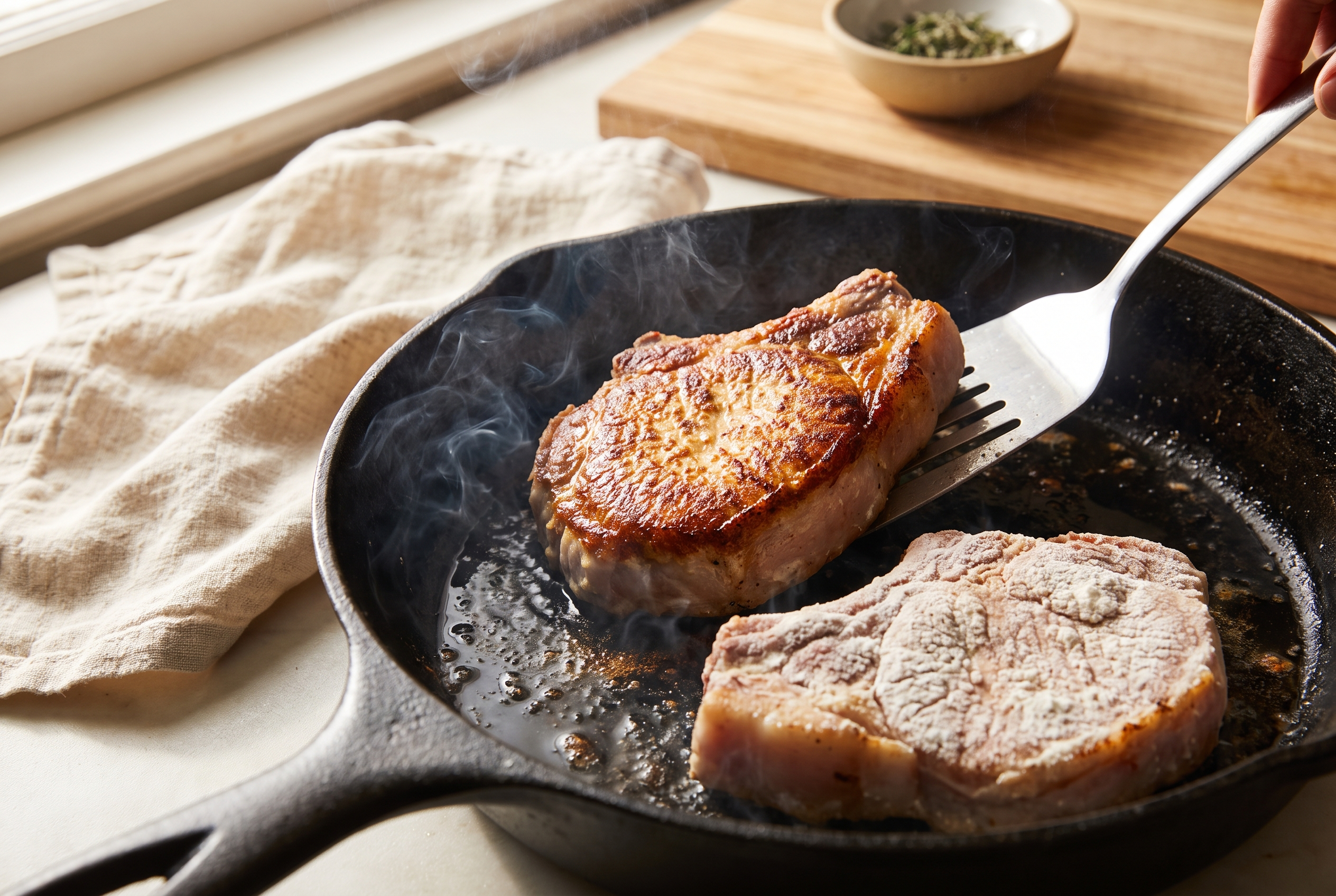 Floured pork chops searing to a deep golden brown crust in a hot cast iron skillet