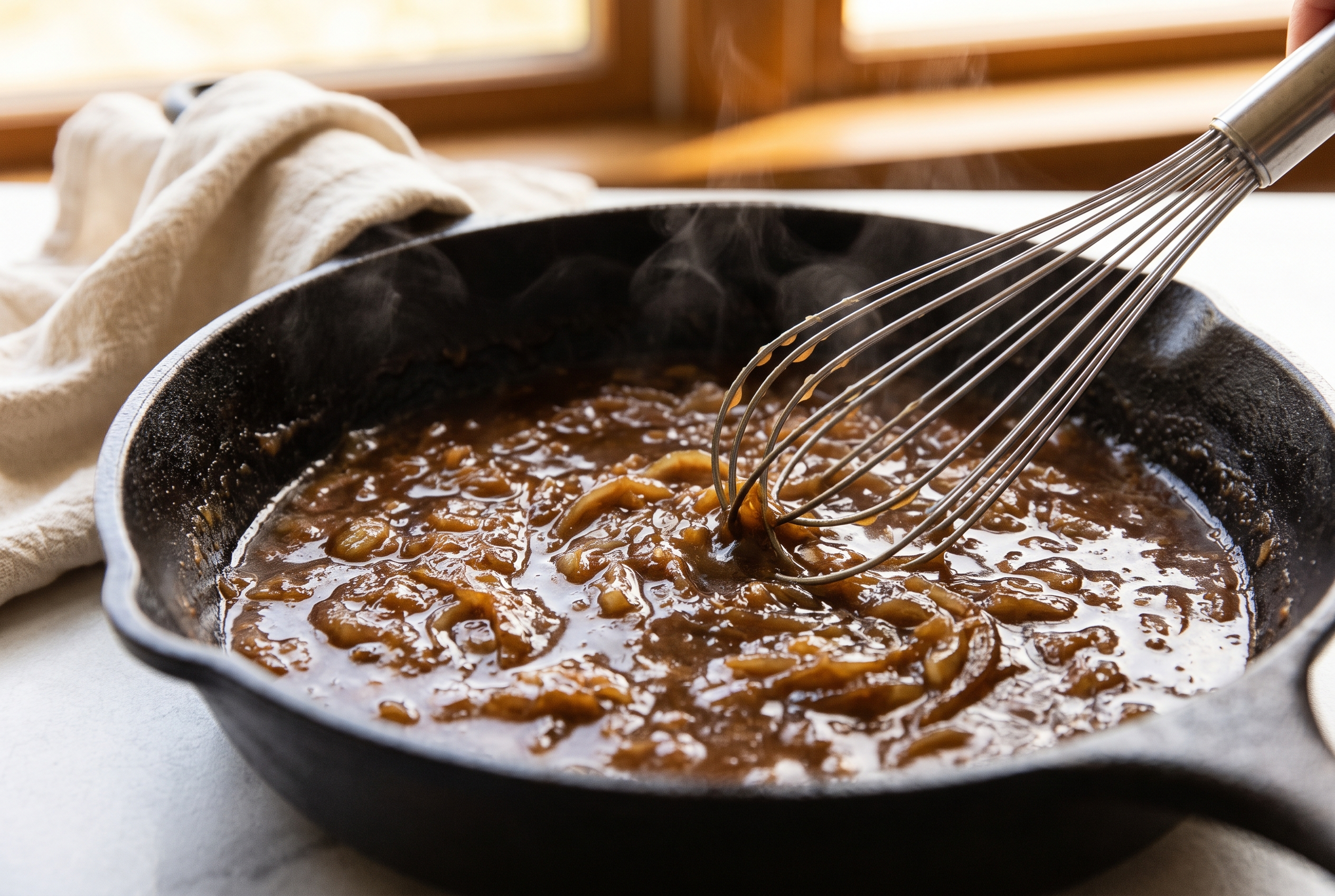 Beef broth being whisked into caramelized onions and flour, gravy thickening to glossy brown