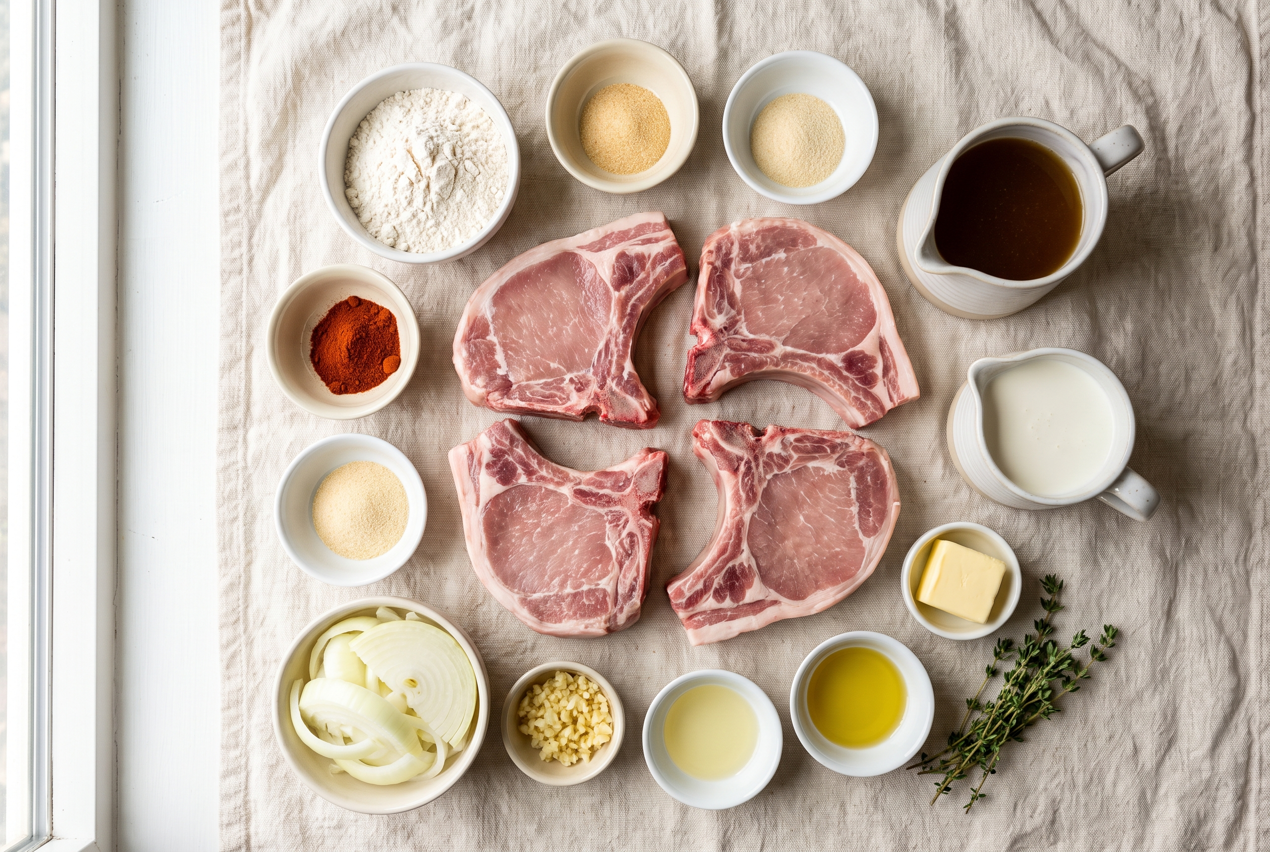 Ingredients for smothered pork chops in small bowls — thick bone-in pork chops, flour, paprika, sliced onions, garlic, beef broth, cream, butter and thyme
