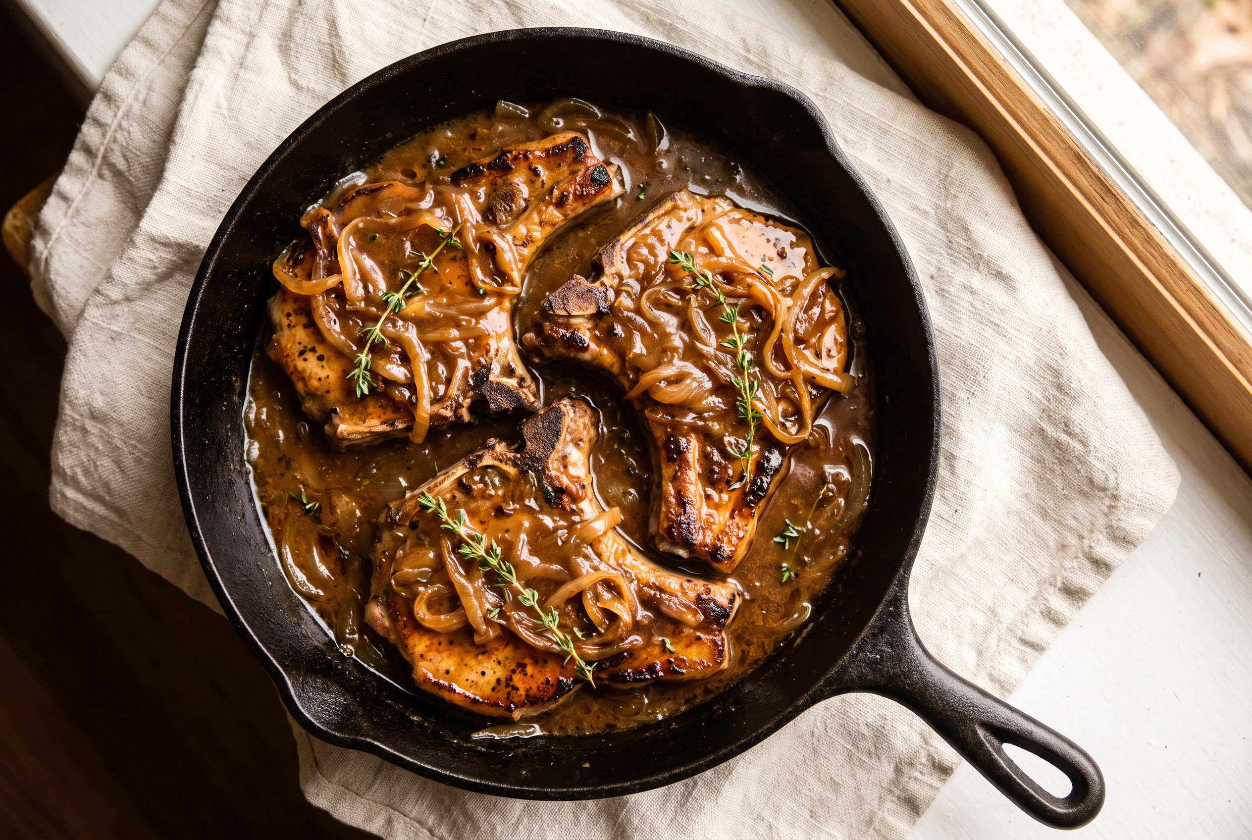 Smothered pork chops in a cast iron skillet — thick chops blanketed in glossy brown onion gravy with caramelized onions and thyme
