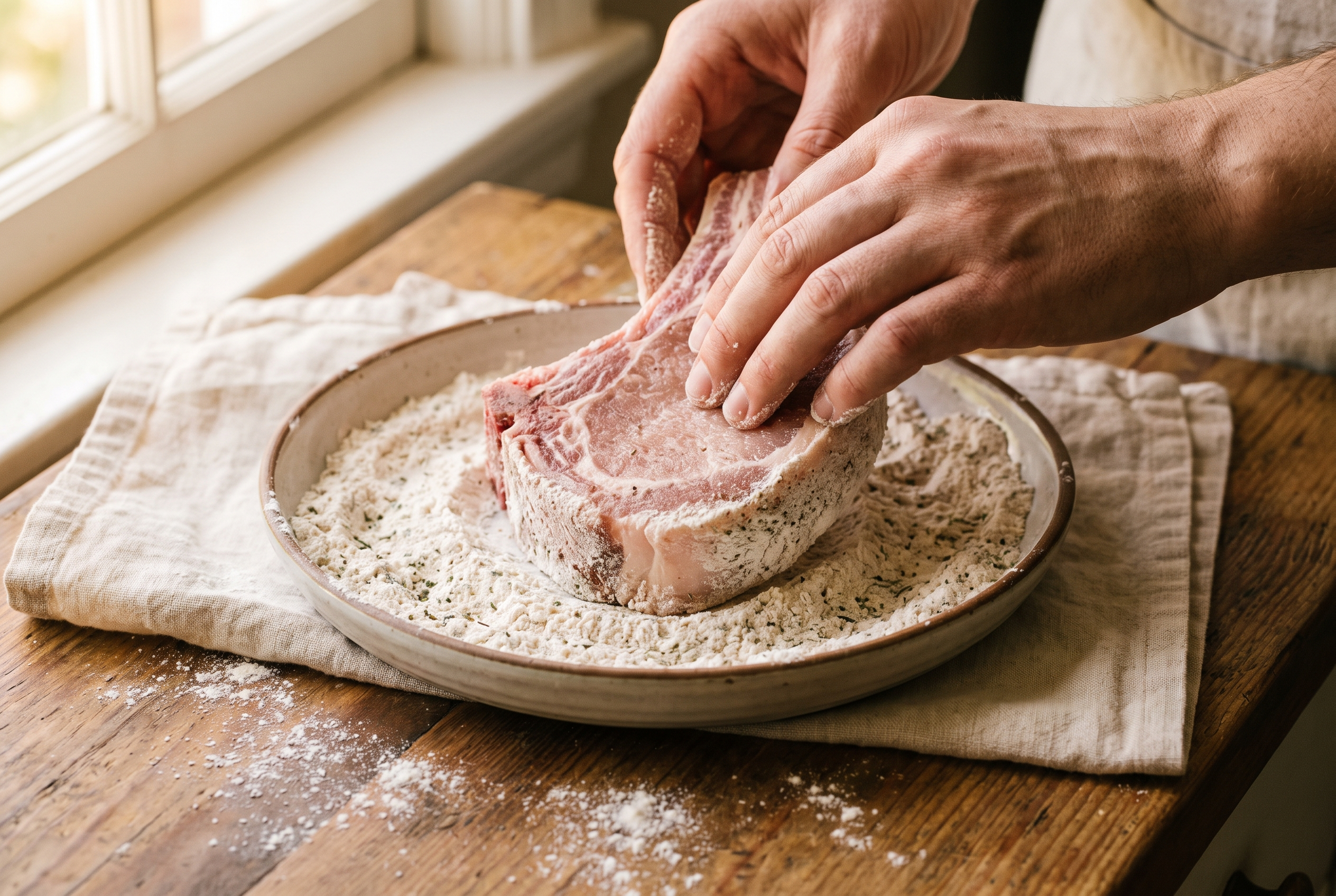 A thick bone-in pork chop being dredged in a shallow dish of seasoned flour