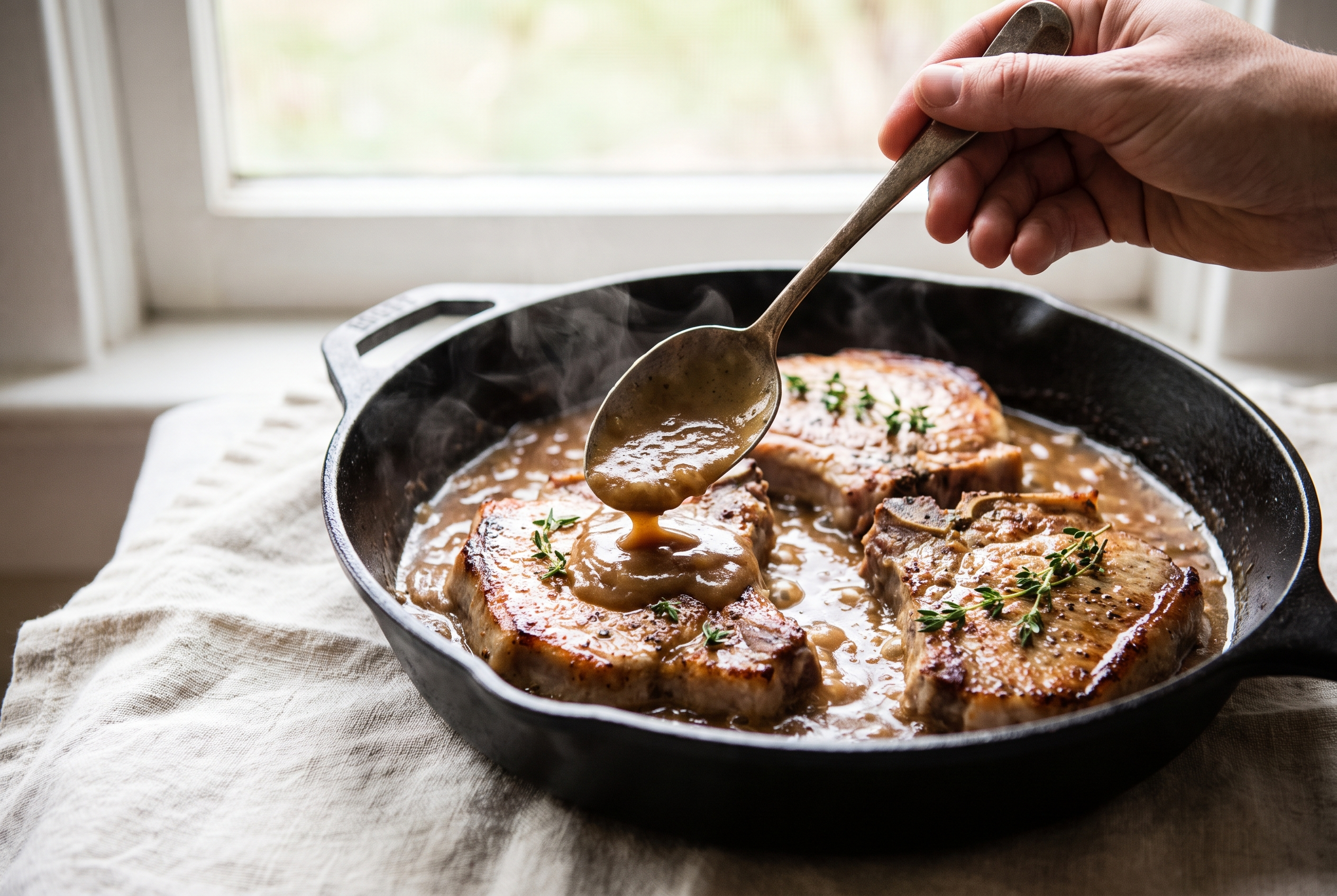 Seared pork chops nestled back into a skillet of brown onion gravy and spooned over, simmering with thyme