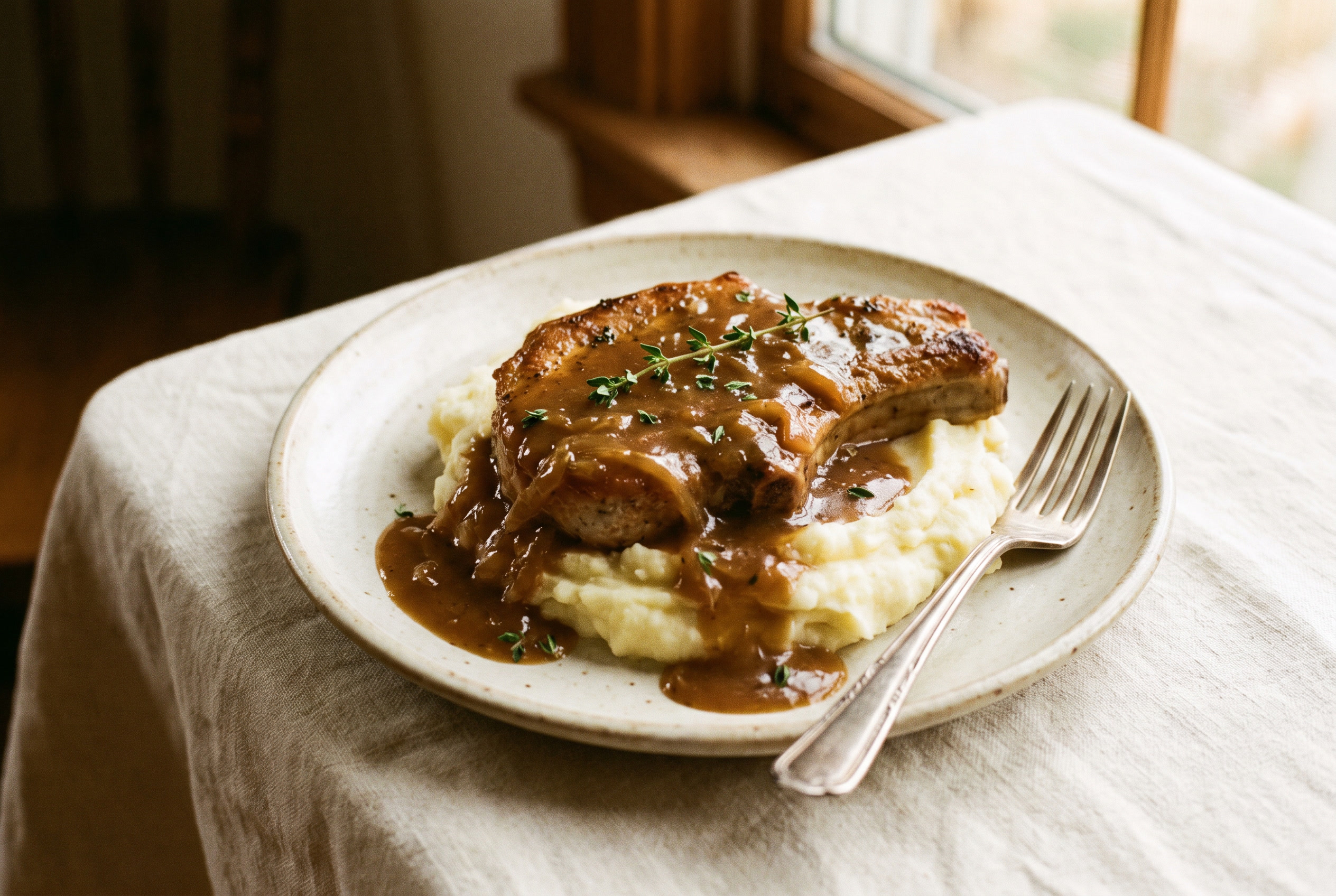 A smothered pork chop served over creamy mashed potatoes with brown onion gravy cascading down