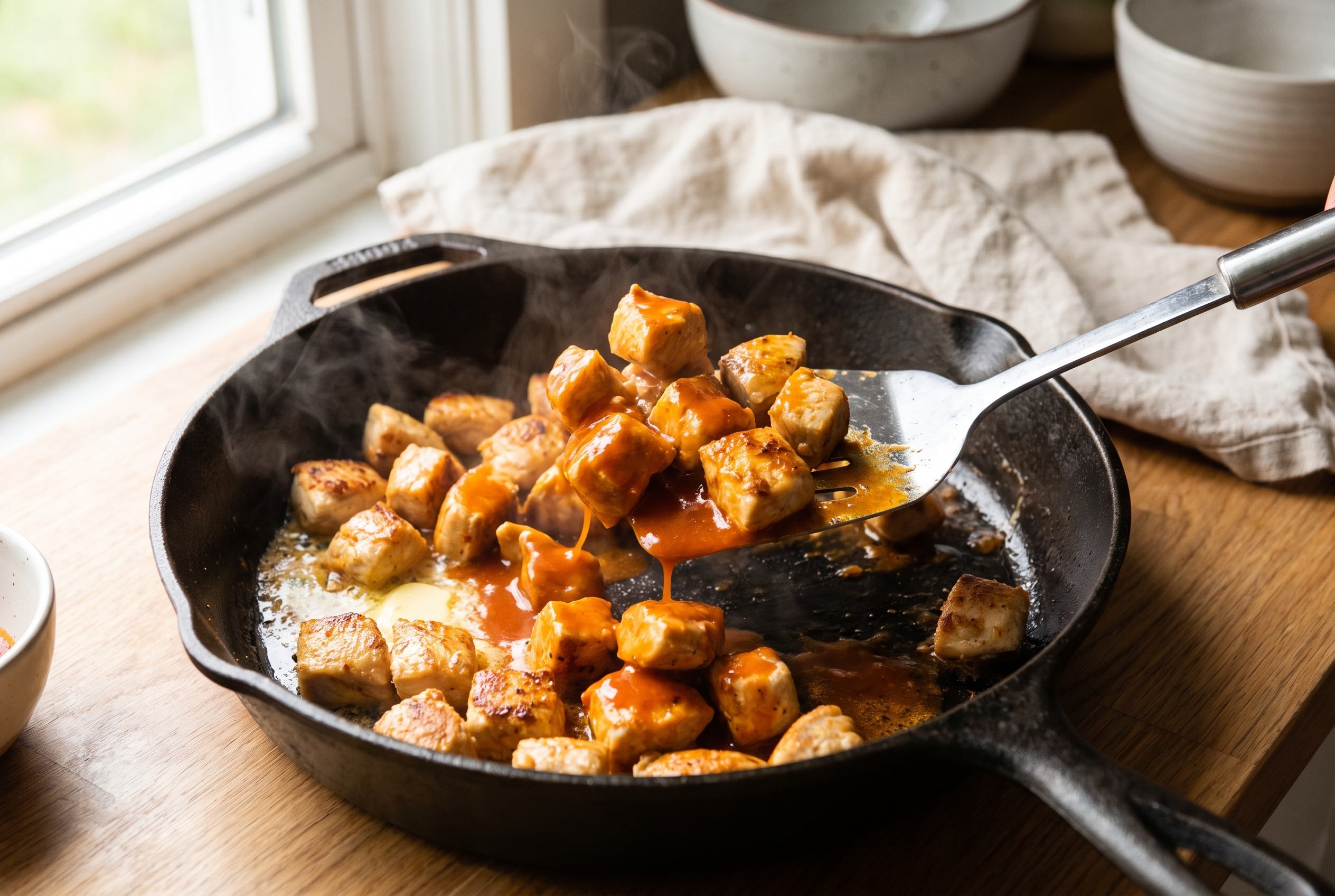 Golden seared chicken cubes being tossed with bright orange buffalo sauce and melted butter in a cast iron skillet