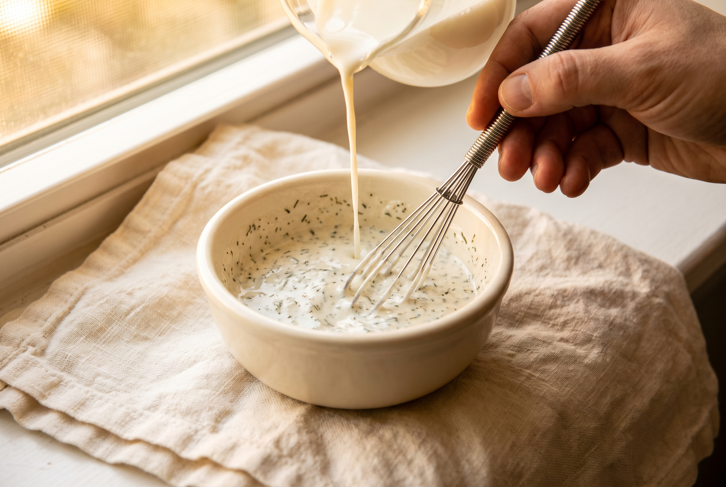 Creamy Greek yogurt ranch being whisked in a small cream bowl with flecks of dill and chives for buffalo chicken bowls