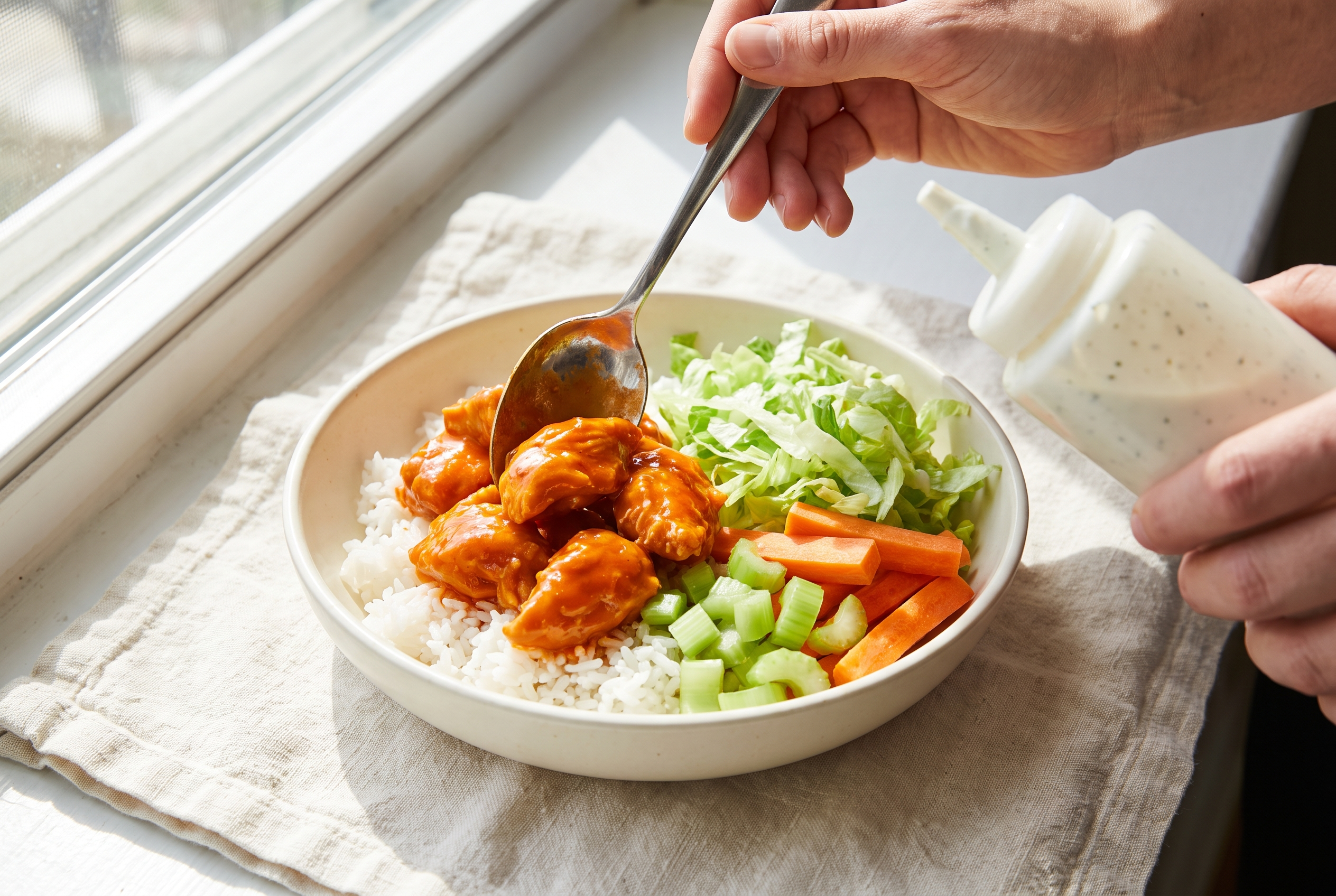 A buffalo chicken bowl being assembled with buffalo chicken spooned over white rice beside shredded lettuce, celery and carrot, ranch drizzle going on