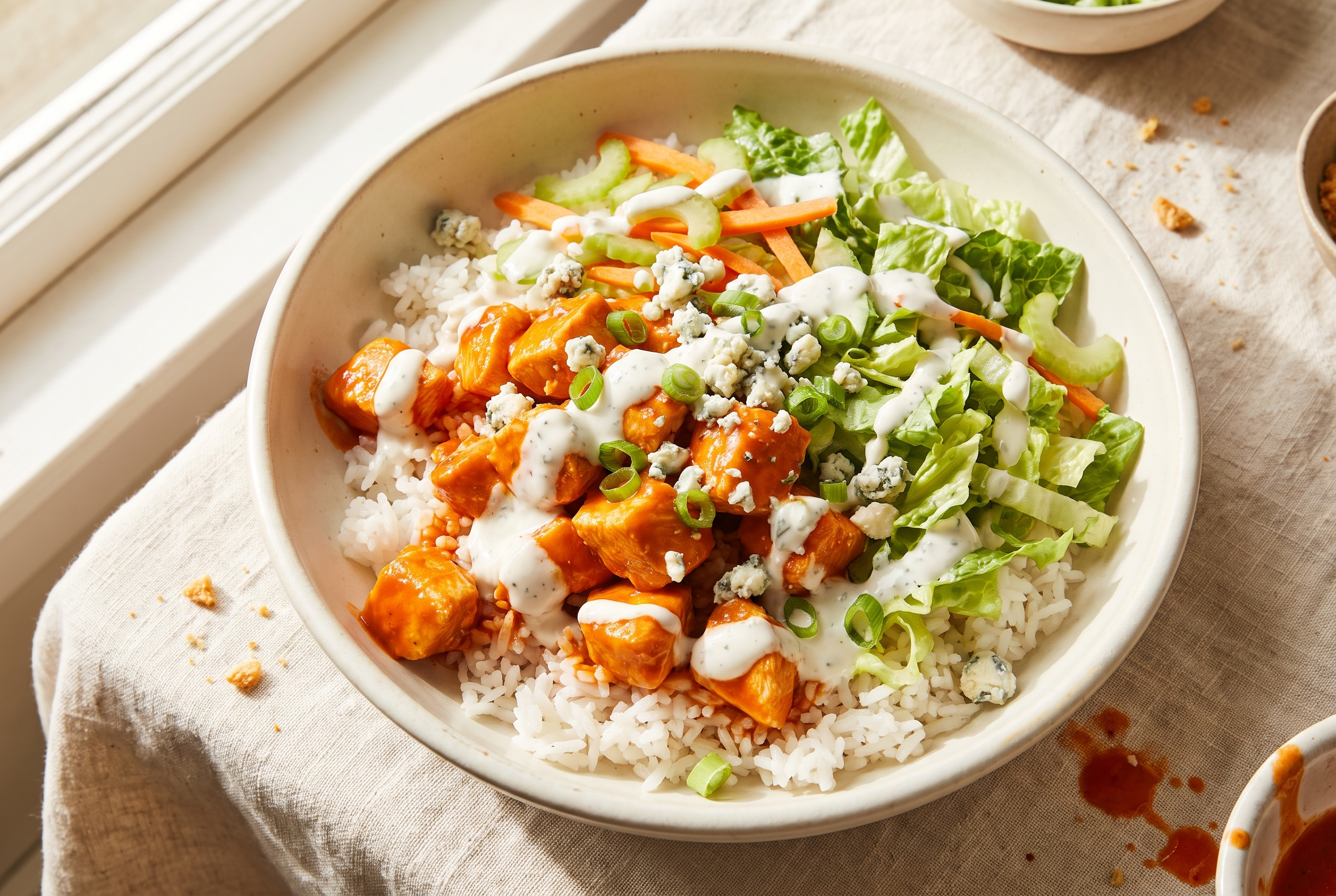 Buffalo chicken bowl with glossy buffalo-sauced chicken over white rice, shredded romaine, celery, carrot, blue cheese crumbles, green onion and a Greek yogurt ranch drizzle in a cream bowl — easy high protein dinner recipe