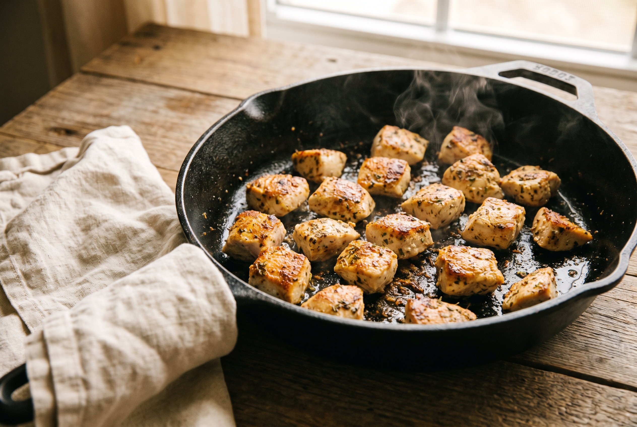 Seasoned chicken cubes searing in a single layer in a hot cast iron skillet with a golden crust forming for buffalo chicken bowls