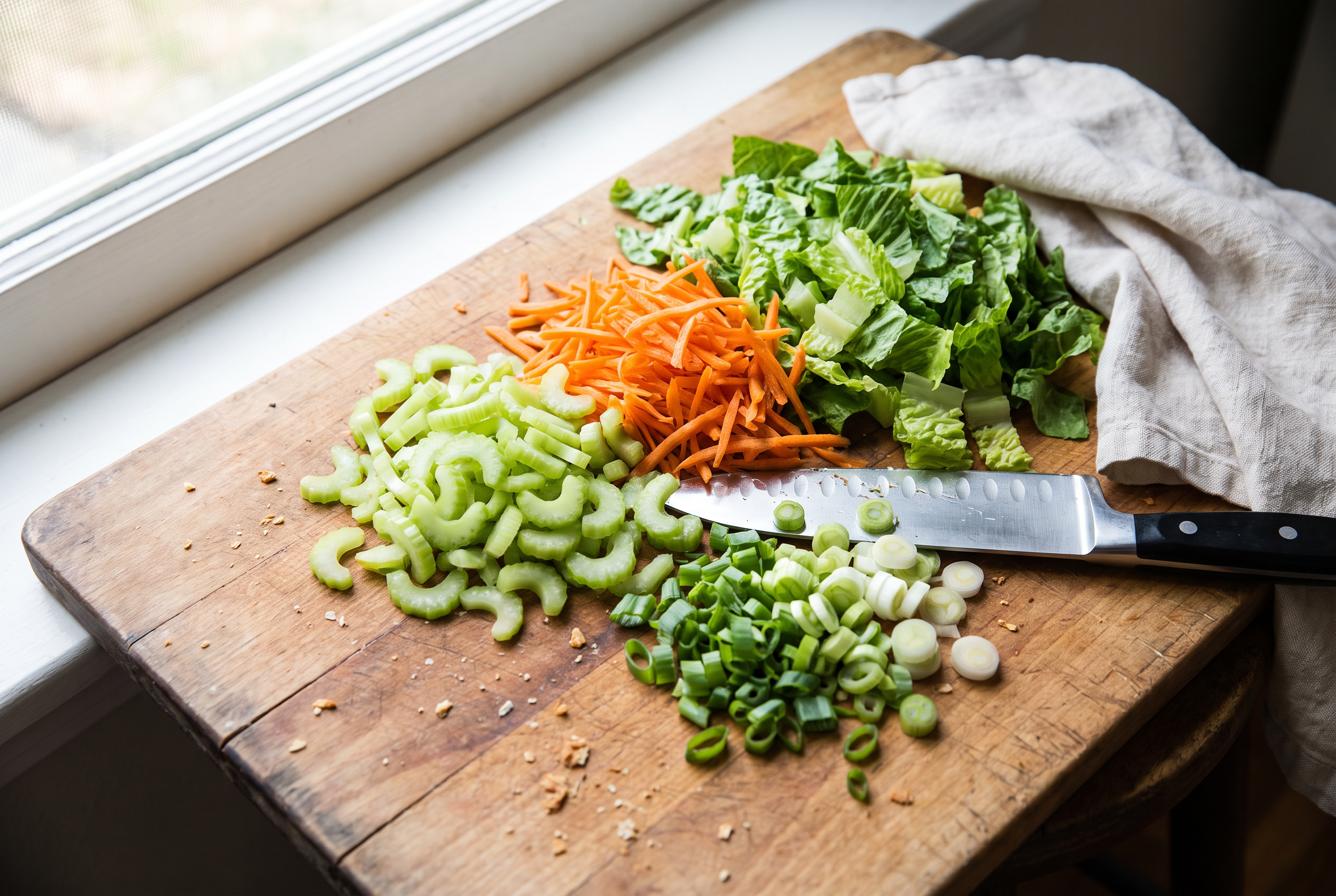 Thinly sliced celery, shredded carrot, shredded romaine and sliced green onions being prepped on a wooden board for buffalo chicken bowls