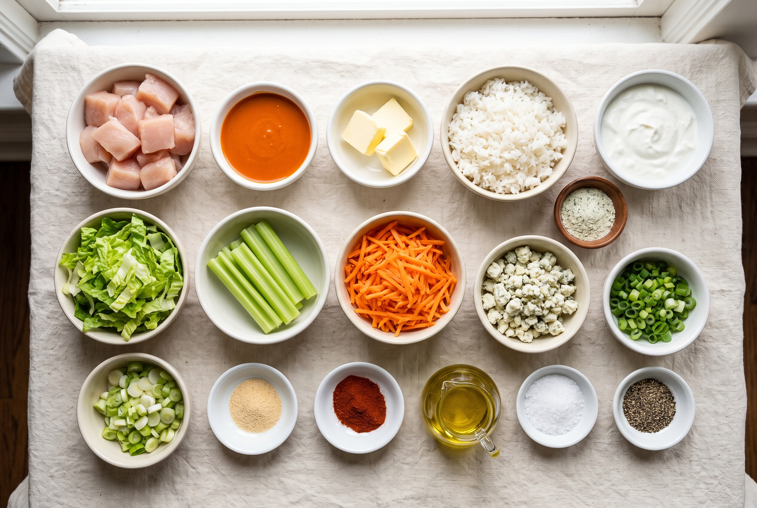 Ingredients for buffalo chicken bowls in small bowls: cubed chicken breast, buffalo hot sauce, butter, cooked white rice, Greek yogurt, ranch seasoning, shredded romaine, celery, shredded carrot, blue cheese crumbles, green onions, garlic powder, smoked paprika and olive oil
