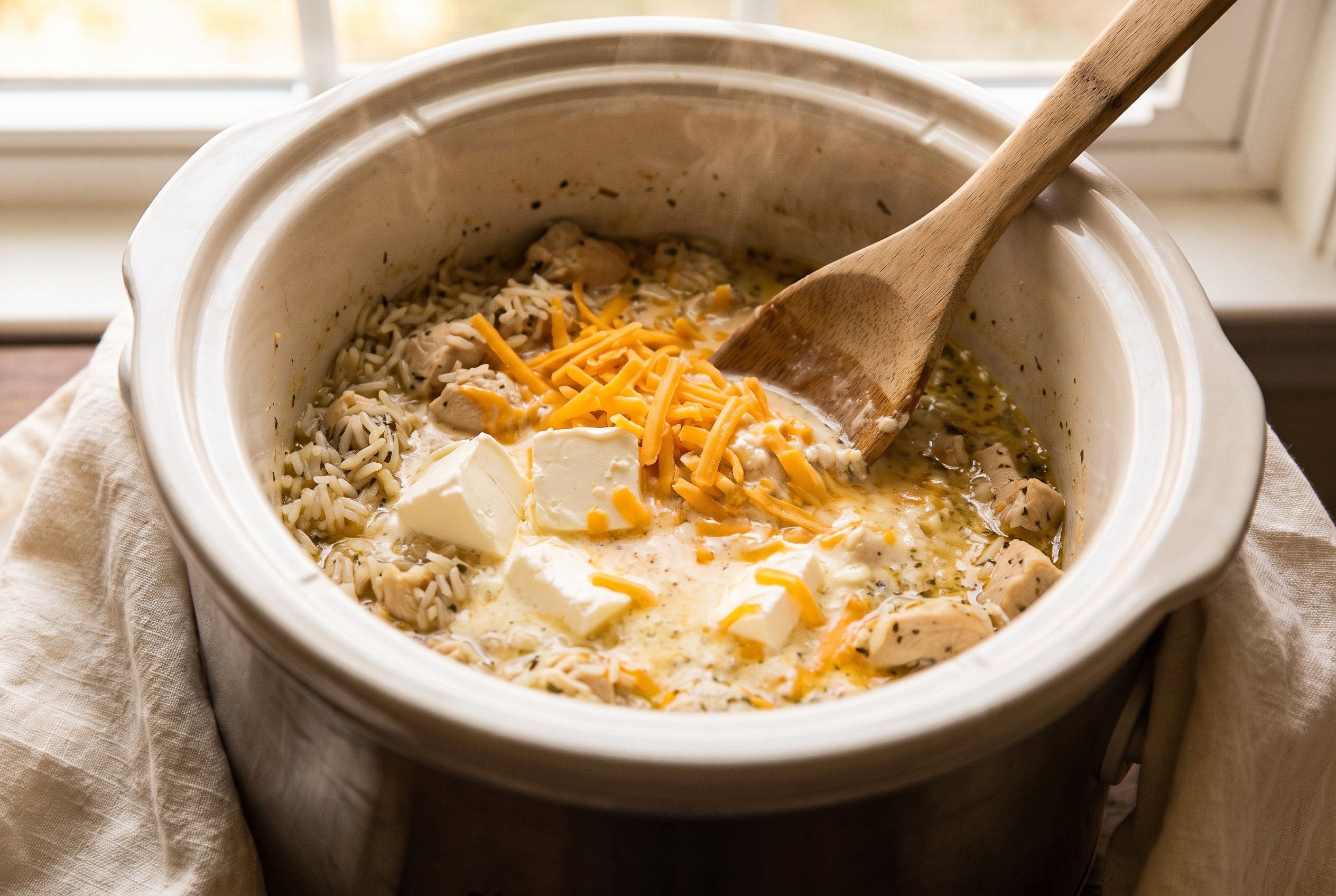 Softened cream cheese cubes and shredded cheddar being stirred into cooked chicken and rice in a slow cooker until creamy