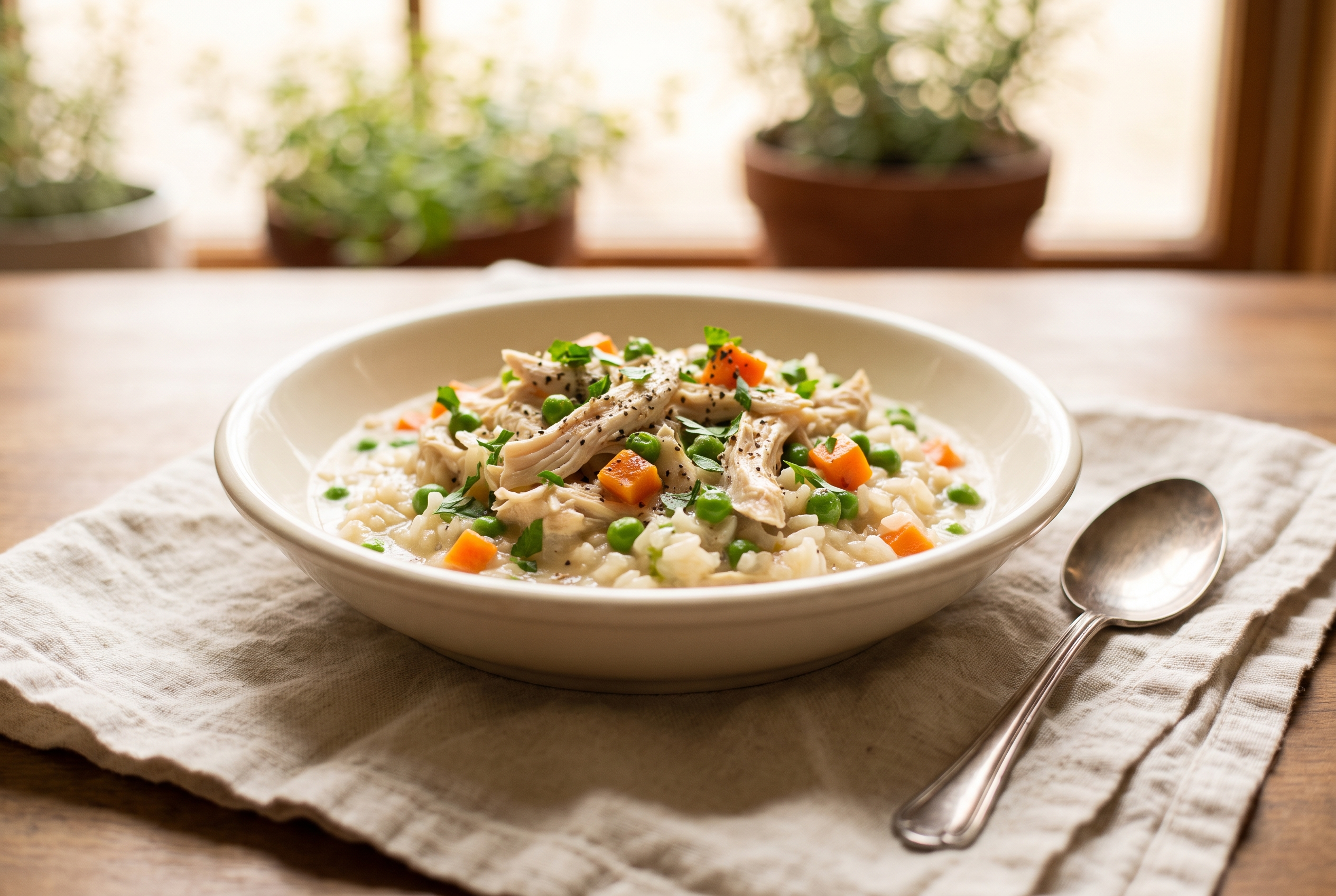 A serving of creamy crockpot chicken and rice in a shallow cream bowl with shredded chicken, peas and carrots, cracked black pepper and parsley