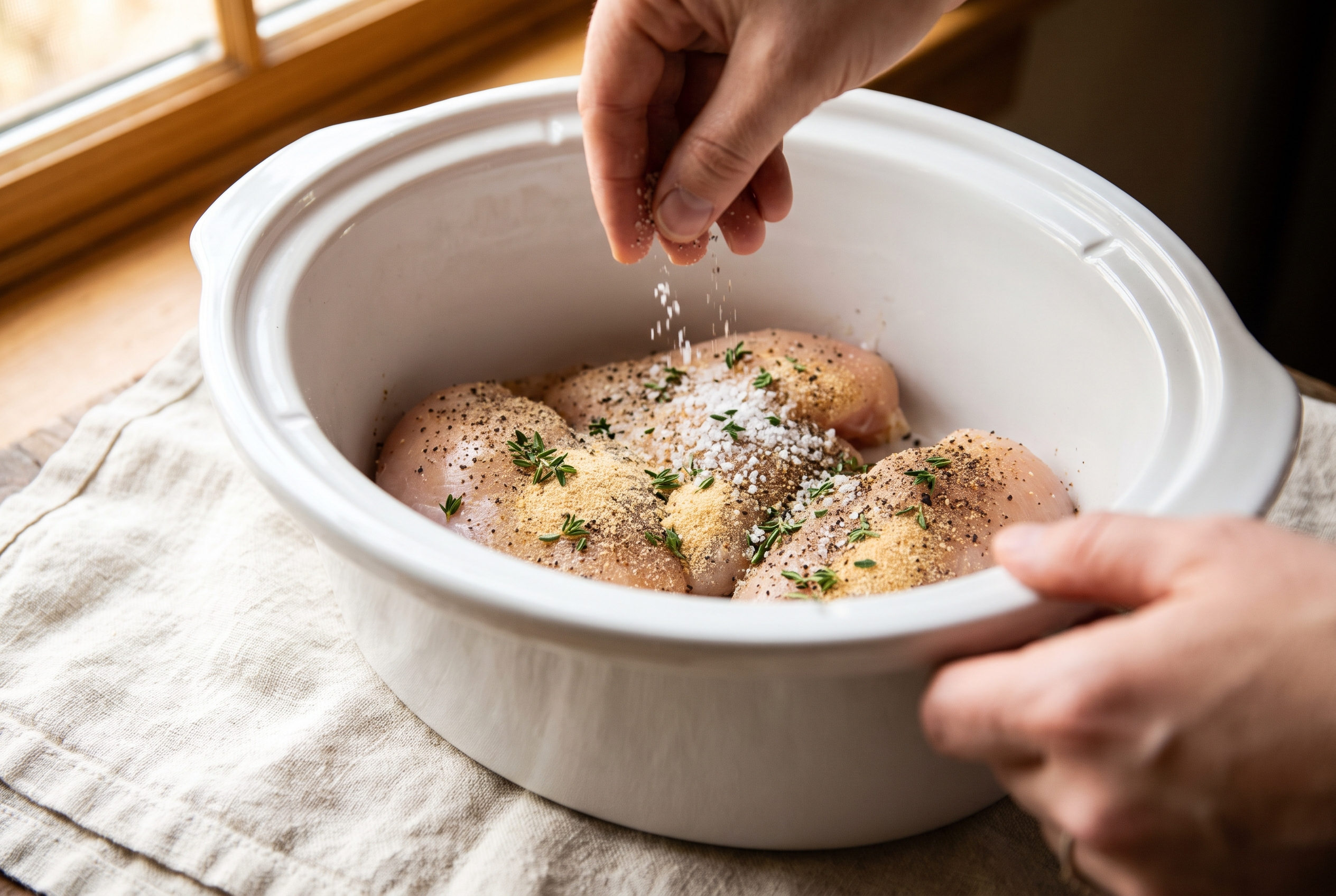 Raw chicken breasts being seasoned with salt, pepper, garlic powder and thyme in the bottom of a white slow cooker insert