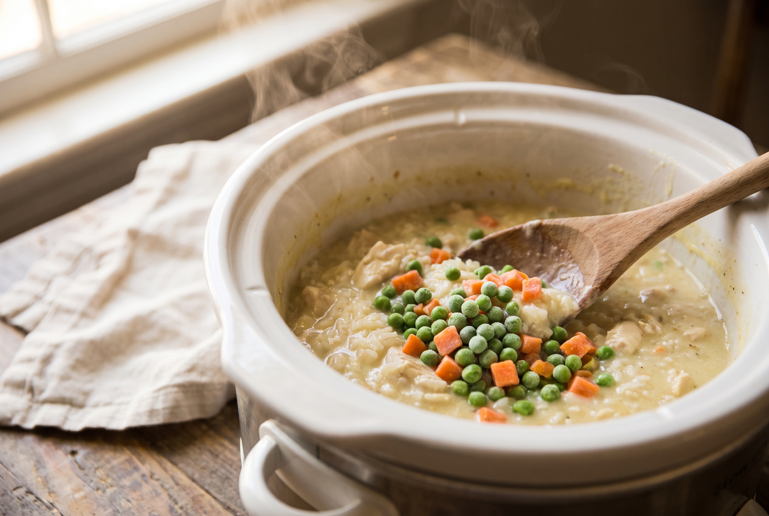 Frozen peas and carrots being folded into creamy crockpot chicken and rice with a wooden spoon, steam rising