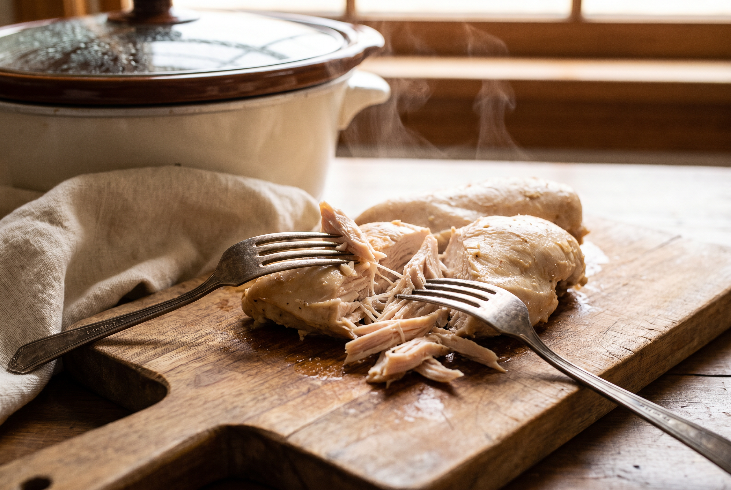 Two forks shredding tender slow-cooked chicken breast on a wooden board beside a slow cooker