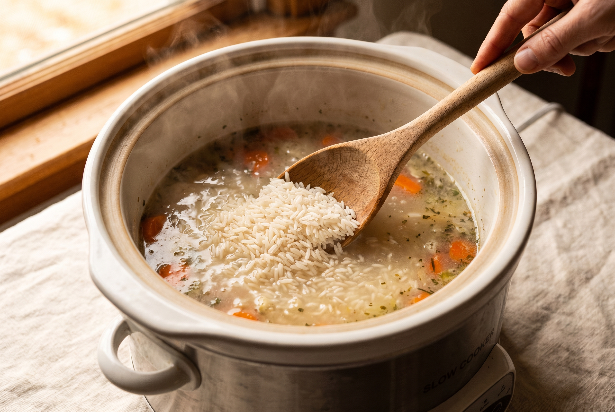 Uncooked long-grain white rice being stirred into hot broth in a slow cooker with a wooden spoon