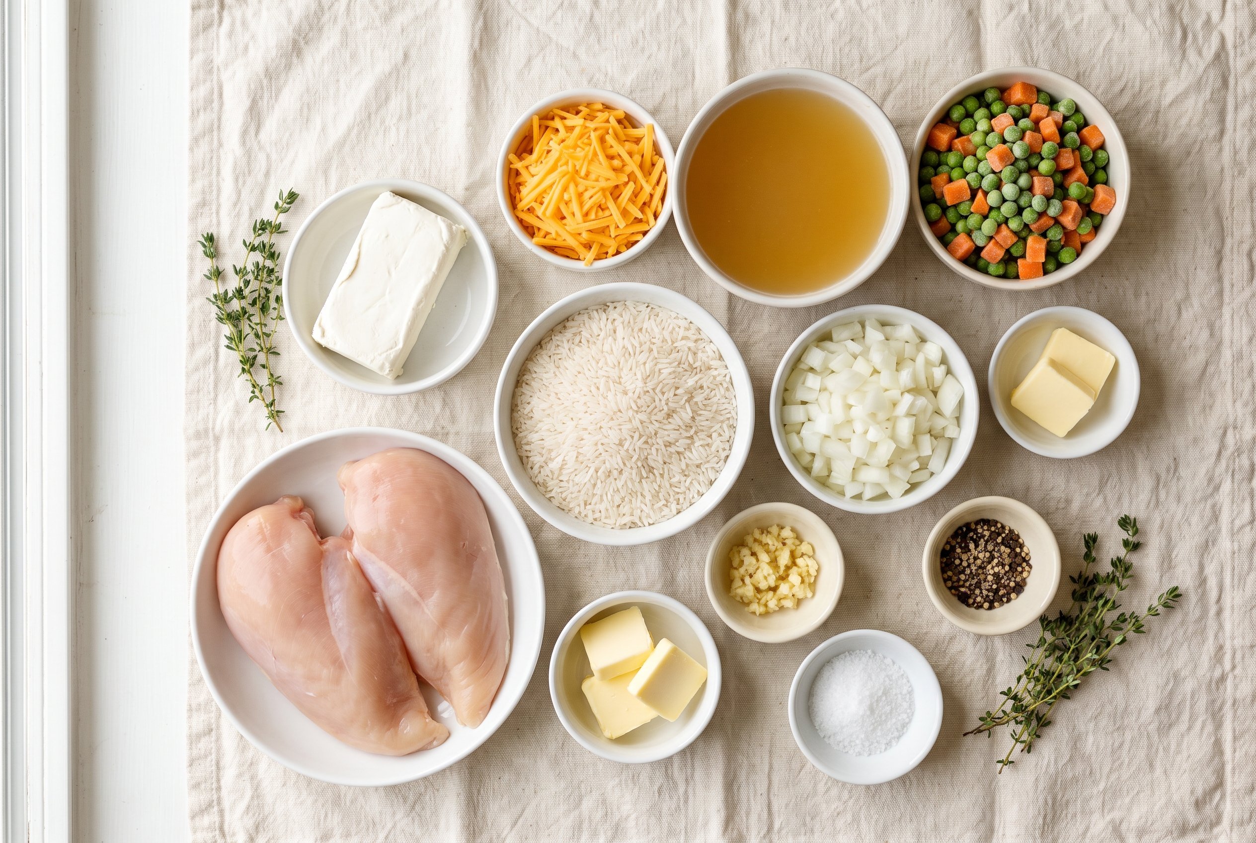Ingredients for crockpot chicken and rice in small bowls: raw chicken breasts, long-grain white rice, chicken broth, cream cheese, shredded cheddar, diced onion, minced garlic, frozen peas and carrots, butter, thyme, salt and pepper