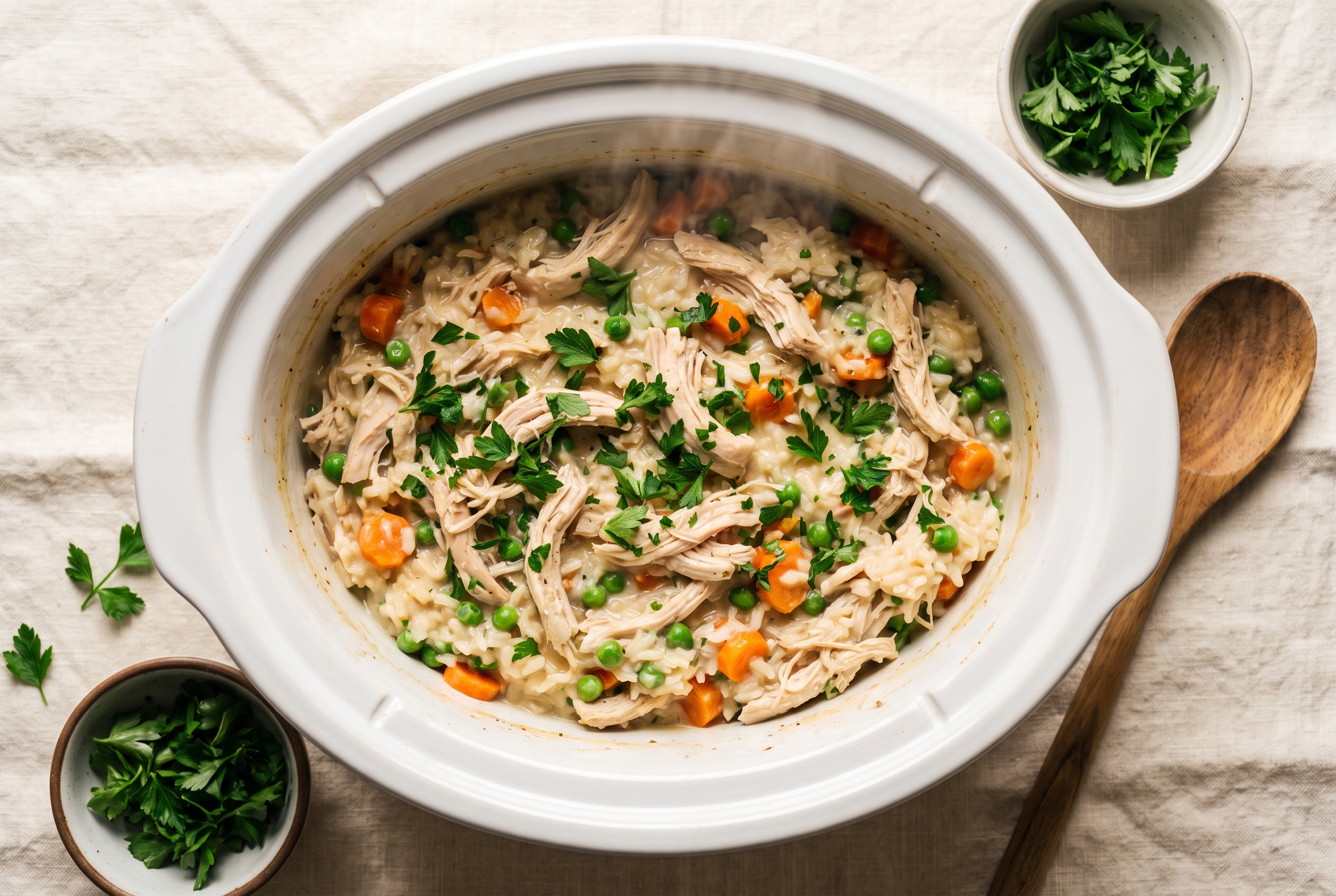 Creamy crockpot chicken and rice in a white slow cooker insert, shredded chicken folded through creamy rice with peas and carrots and fresh parsley